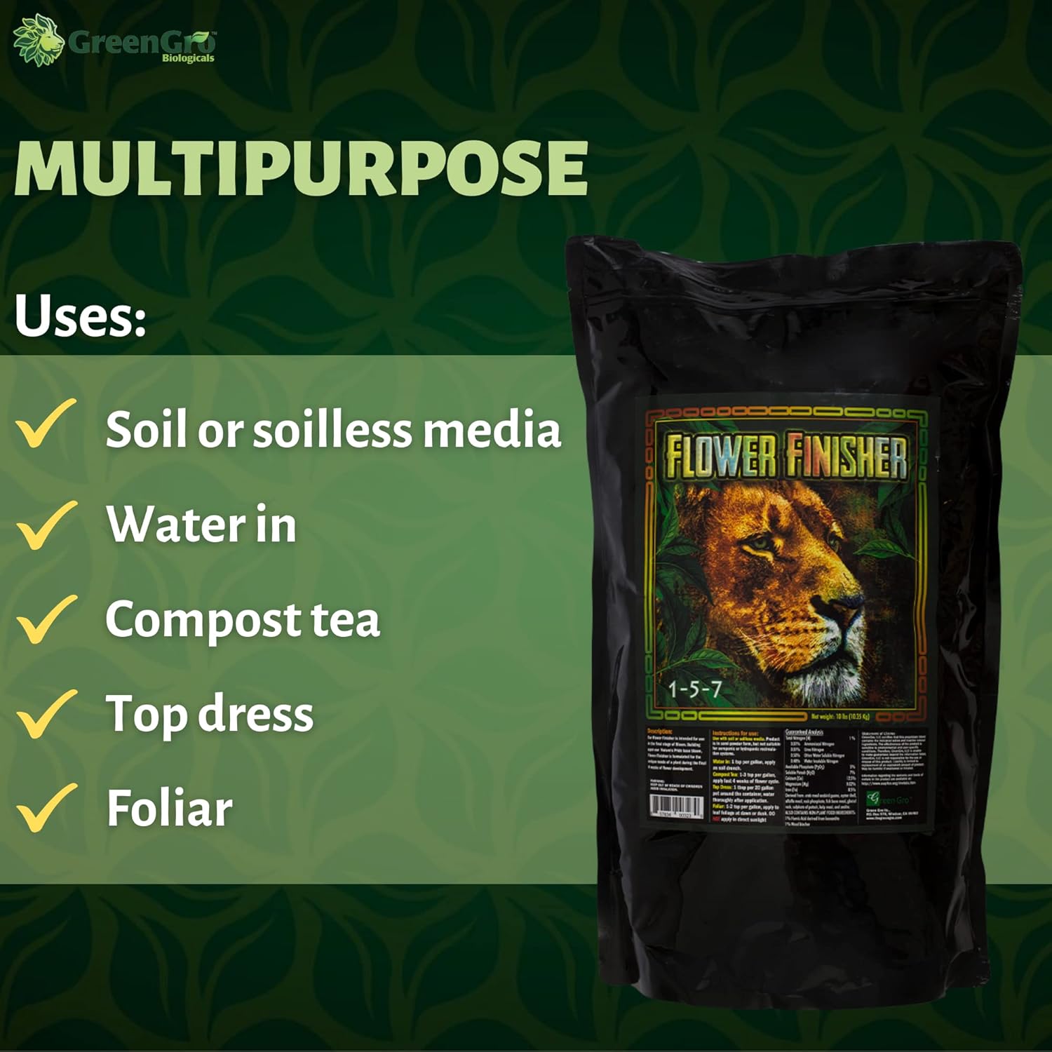 GreenGro Flower Finisher – Fertilizante orgánico NPK y potenciador de floración grande para plantas en flornutrientes ideales para maximizar los