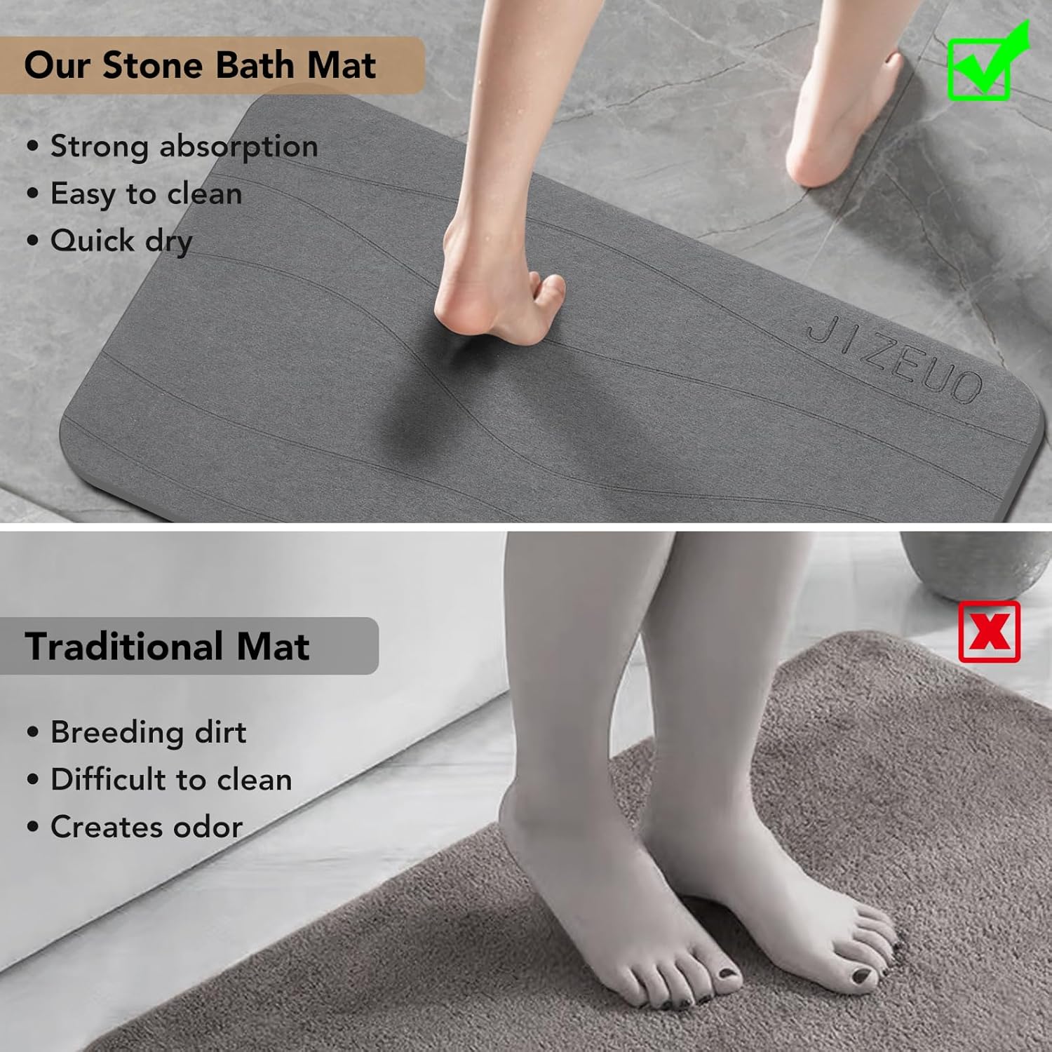JIZEUO Tapete de baño de piedra, tierra de diatomeas, antideslizante, súper absorbente, de secado rápido, 2 unidades, color gris