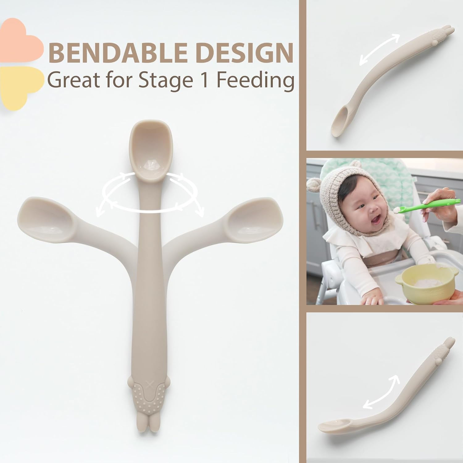 Cucharas de silicona para alimentación para bebés, primera etapa, utensilios flexibles para el destete de bebés y padres y bebés, autoalimentación y