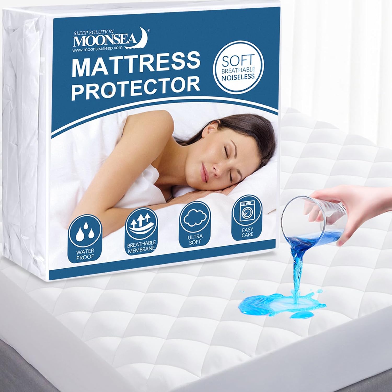 Protector de colchón de tamaño matrimonial, funda impermeable, protector de colchón ajustable absorbente, funda de colchón completa, relleno