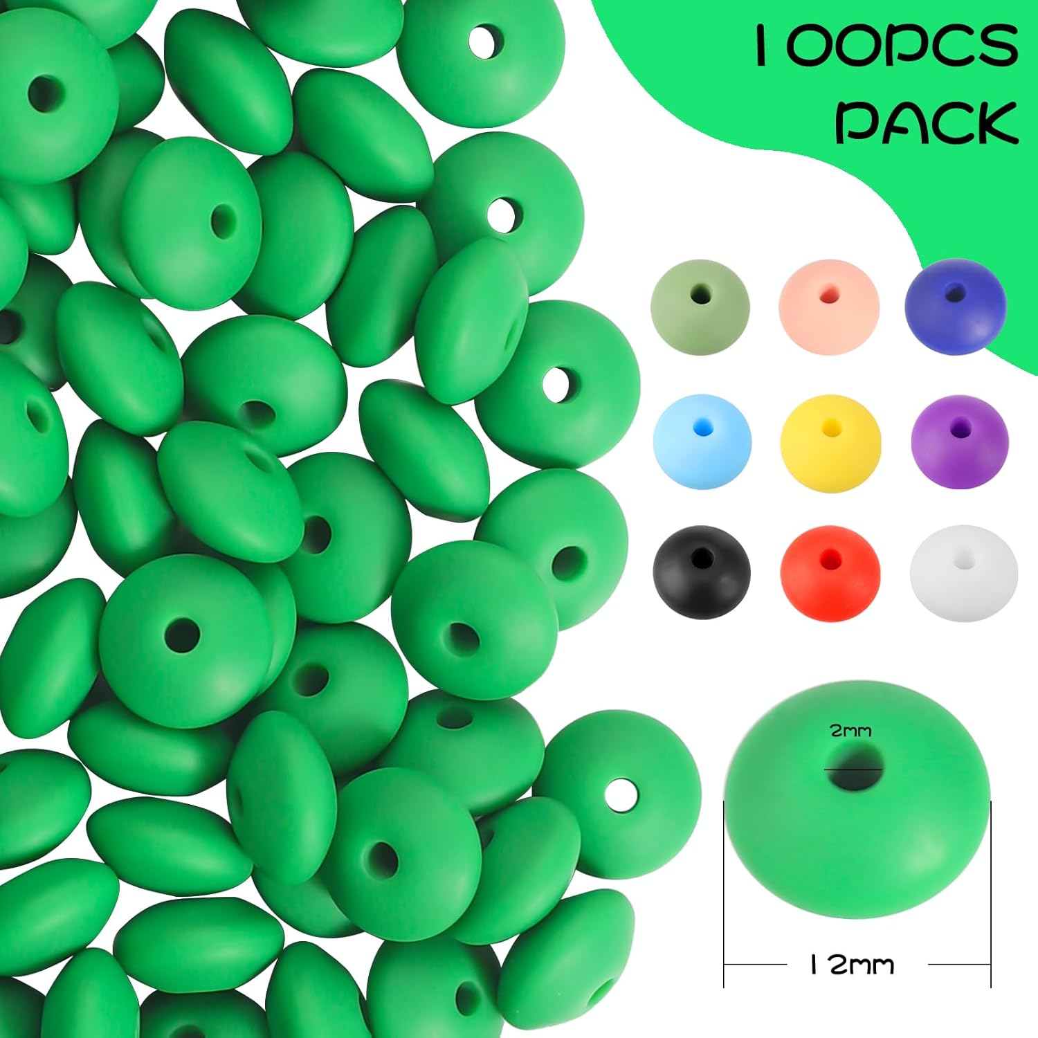 100 cuentas de lentejas de silicona, cuentas focales de silicona de goma de 0.472 pulgadas a granel para llavero, pulsera, collar, manualidades