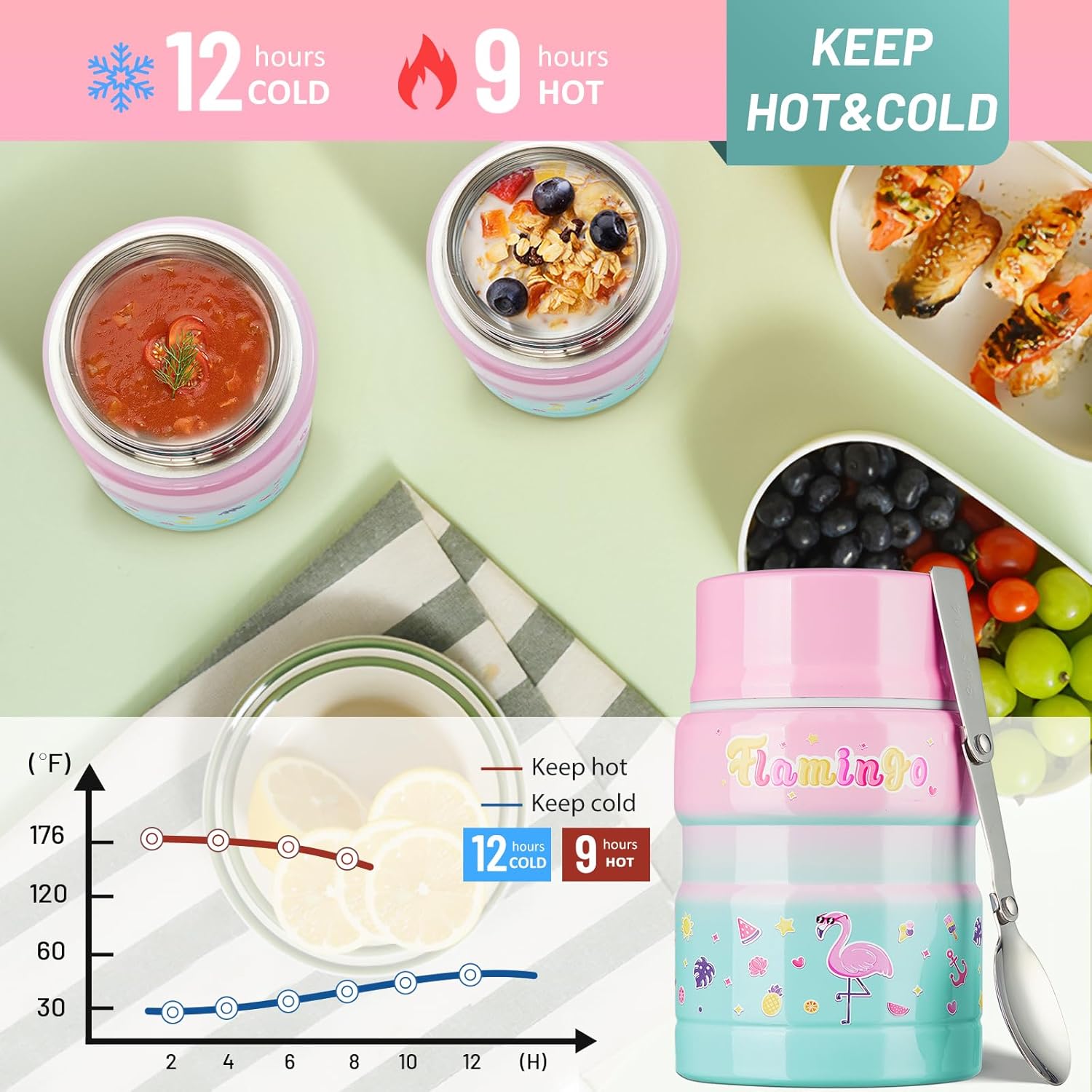 Charcy Termo infantil de 17 onzas para comida caliente, termo de sopa con cuchara plegable, tarro de alimentos aislado para alimentos fríos y