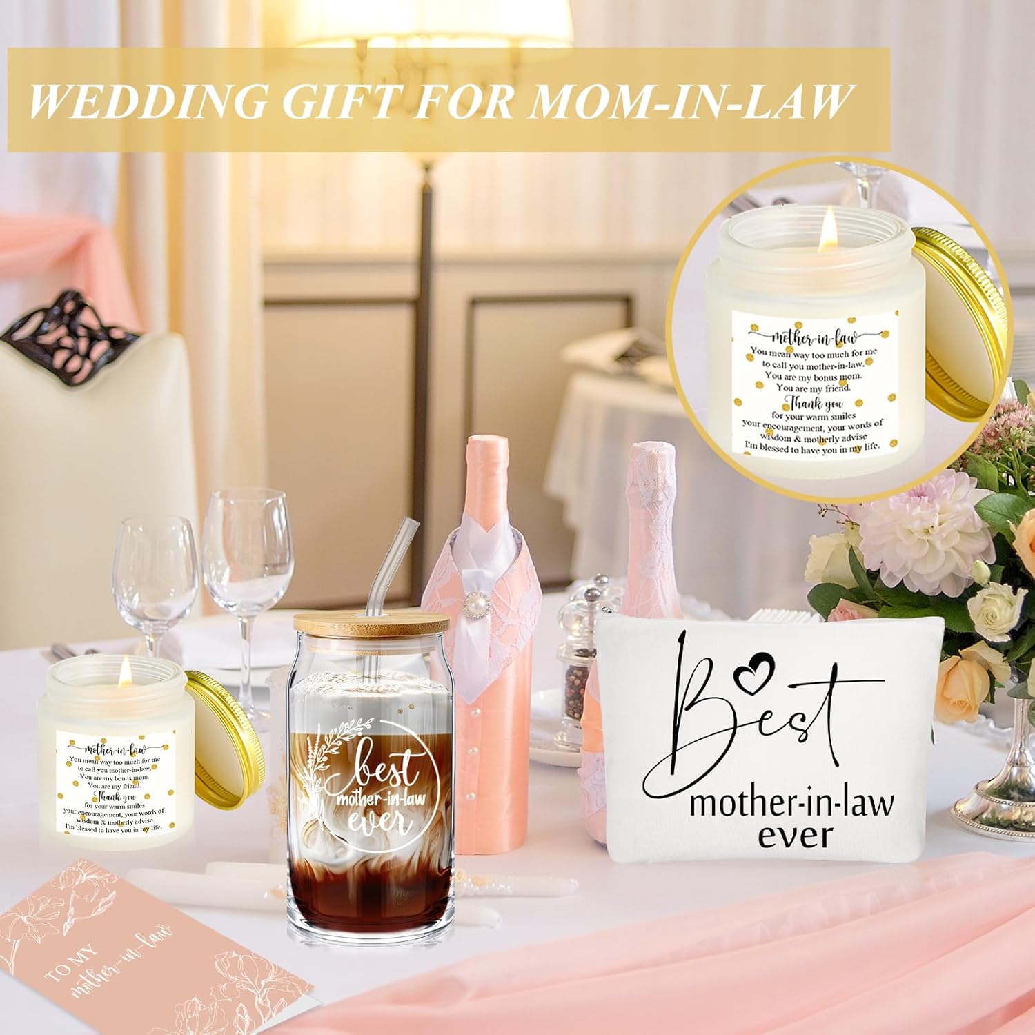 Nuanchu Juego de 5 piezas de regalo para la mejor mamá, taza de cristal de regalo para suegra con tapas de bambú y bolsa de maquillaje con pajita,