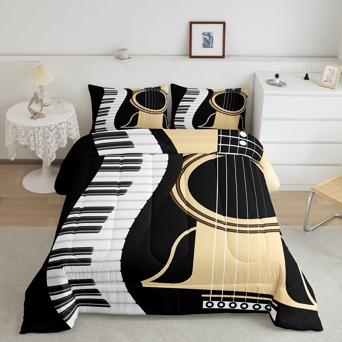 Erosebridal Juego de edredón de guitarra, tamaño Queen para niños y niñas, juego de ropa de cama con teclados de piano, juegos de ropa de cama