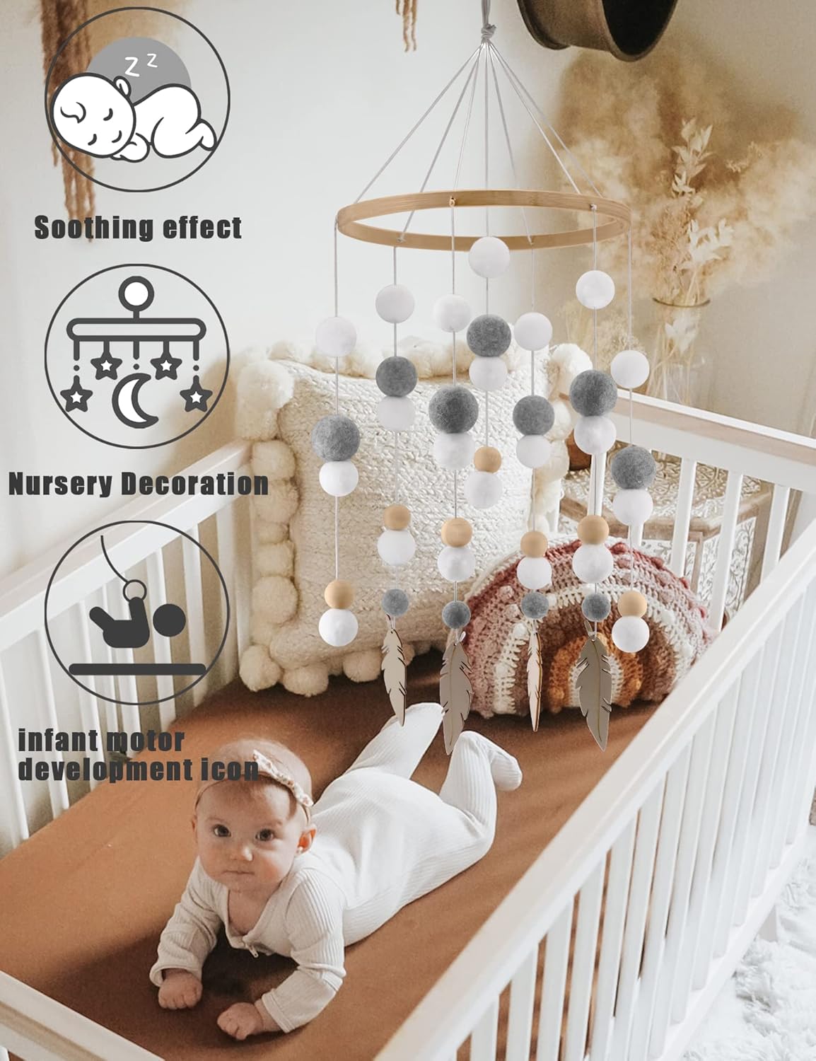 Cuna Baby Mobiles Cama de cuentas de madera para bebés Techo móvil Decorar Colgante Infantil Enfermería (Circular-Blanco Gris Verdura)