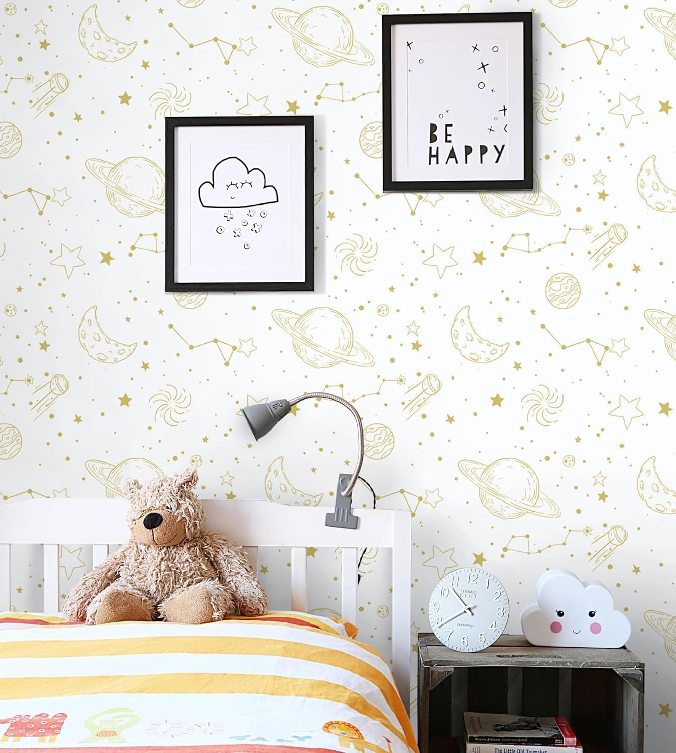 Papel tapiz de estrellas para despegar y pegar, papel tapiz dorado y blanco, con patrón de luna, autoadhesivo, impermeable, papel de contacto, lindo