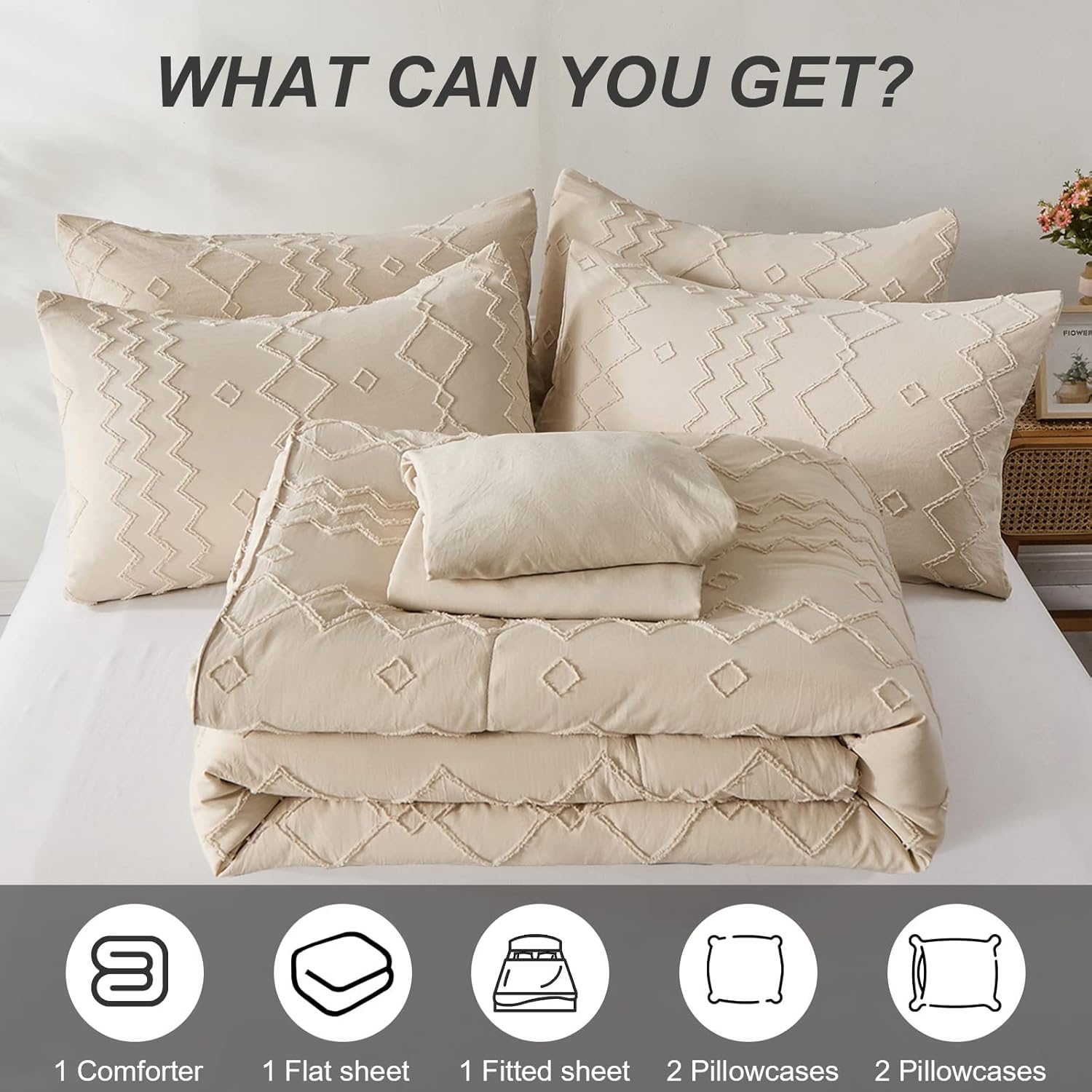 Juego de edredón bohemio tamaño King, cama copetuda beige en una bolsa de 7 piezas con edredones y sábanas, juego de ropa de cama de microfibra
