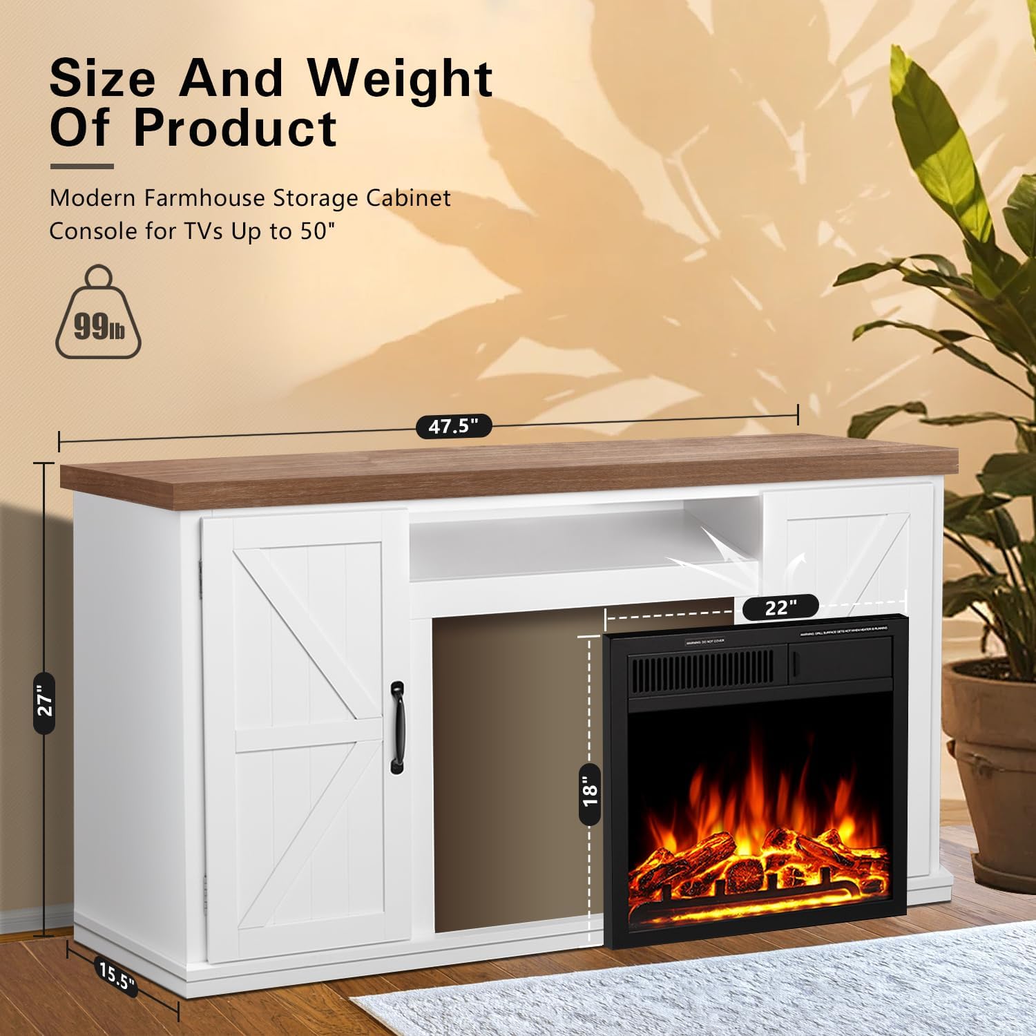 R.W.FLAME Soporte de TV con chimenea para TV de 50 pulgadas, moderno centro de entretenimiento con chimenea eléctrica de 20 pulgadas, consola de TV