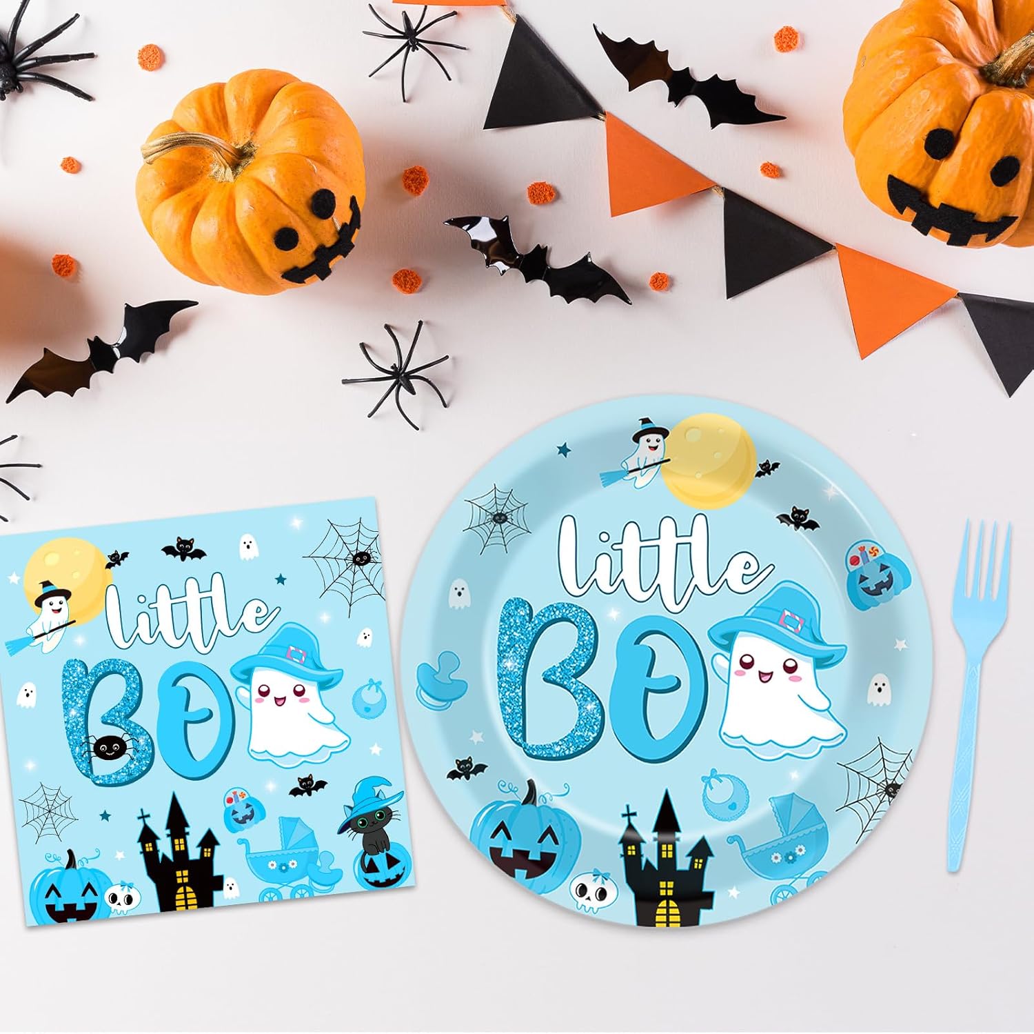 ZOIIWA Juego de 96 piezas de vajilla de Halloween Little Boo Baby Shower para niños, suministros de fiesta de fantasmas para 24 invitados, platos