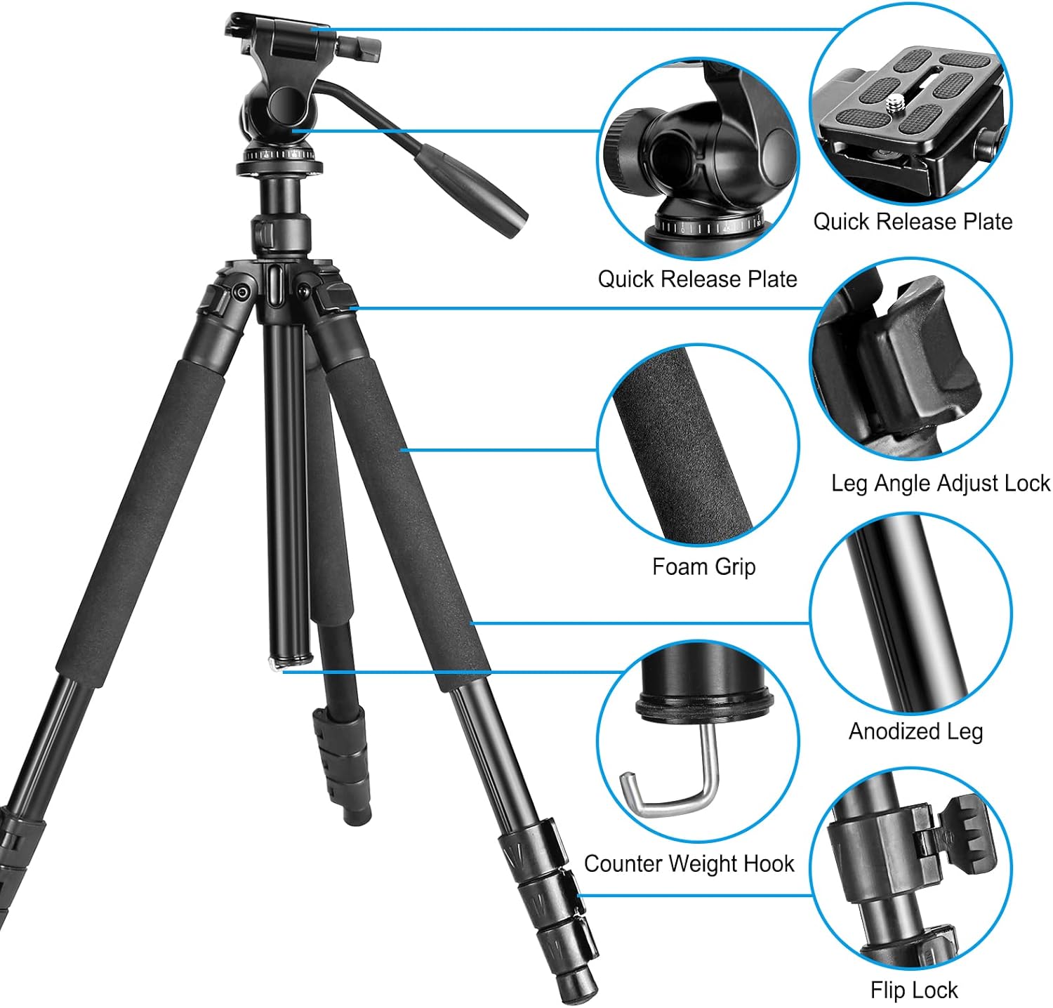 Trípode portátil de viaje de 64.5 pulgadas, compatible con cámaras SLR, teléfonos celulares, binoculares, visores de observación, monoculares