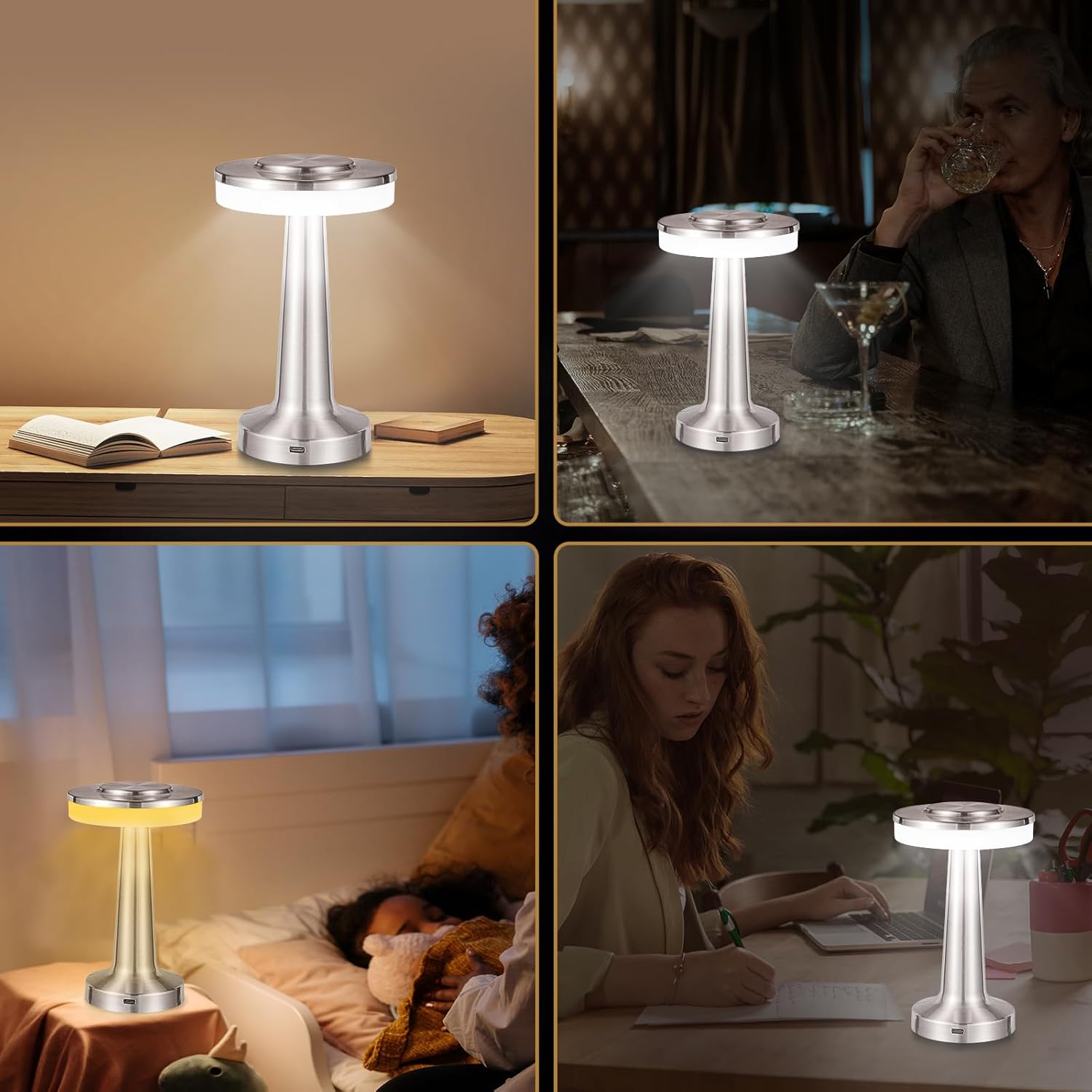 Lámpara de escritorio recargable con batería con sensor táctil (2600 mAh), lámpara de mesa LED portátil inalámbrica, regulable de tres niveles,
