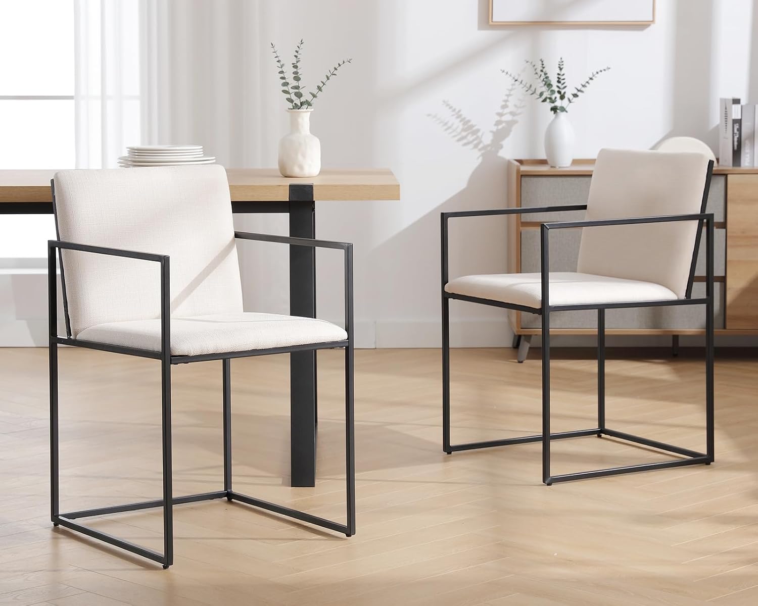 Juego de 4 sillas de cocina y comedor modernas de mediados de siglo, sillas de comedor tapizadas de lino con brazos y respaldo, sillas de cocina,