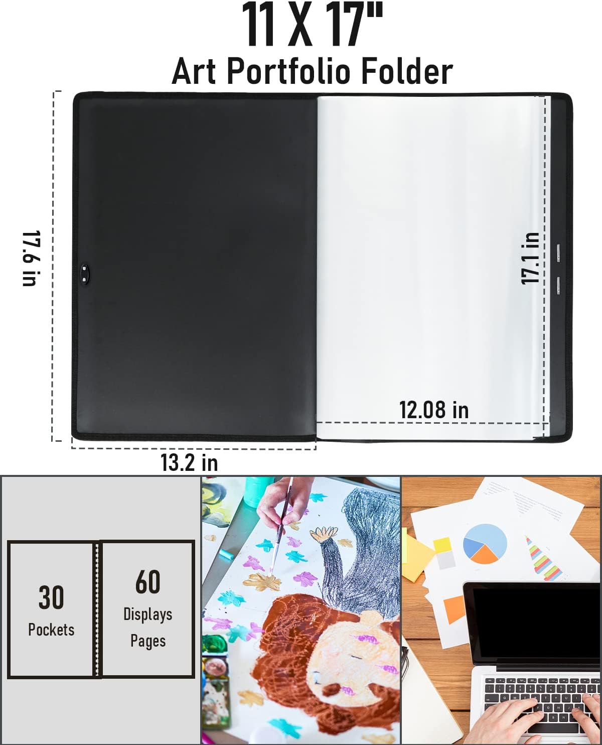 Nicpro Portafolio de arte de 11 x 17 pulgadas, carpeta grande mejorada para obras de arte con 30 bolsillos, 60 páginas, carpeta de libro de