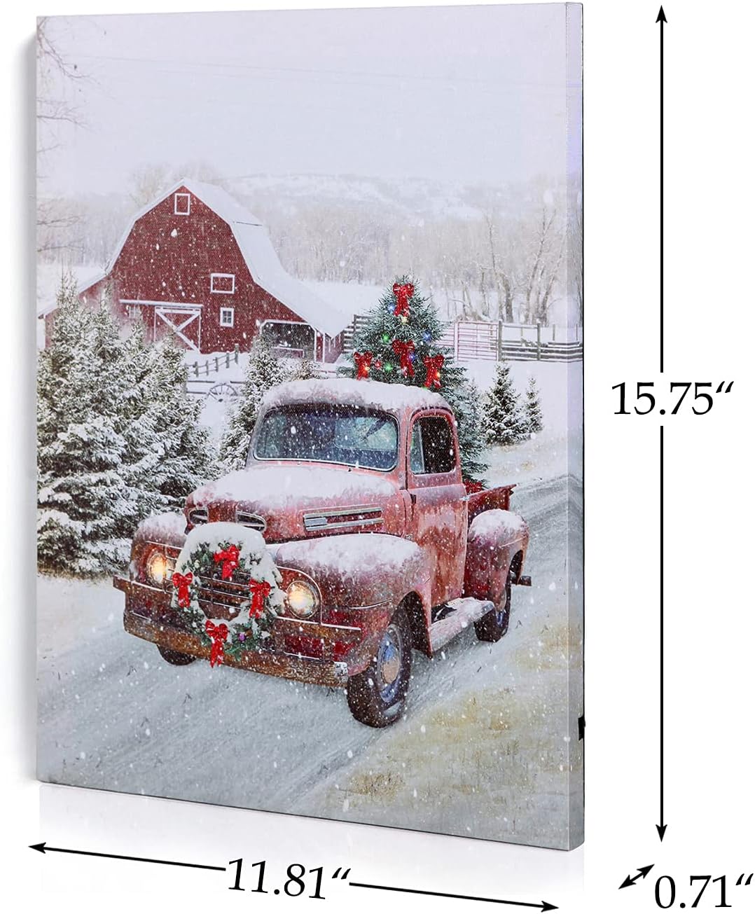 NIKKY HOME Lienzo decorativo con luz LED de Navidad de 16 x 12 pulgadas, impresiones artísticas iluminadas con luz roja, casa de granero y árbol de