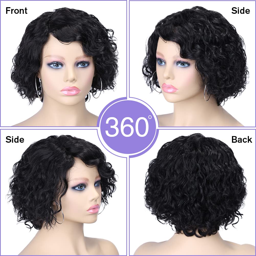 quickwig Pelucas de cabello humano, peluca corta rizada estilo Bob con encaje sin pegamento, pelucas de onda natural afroamericana para mujeres