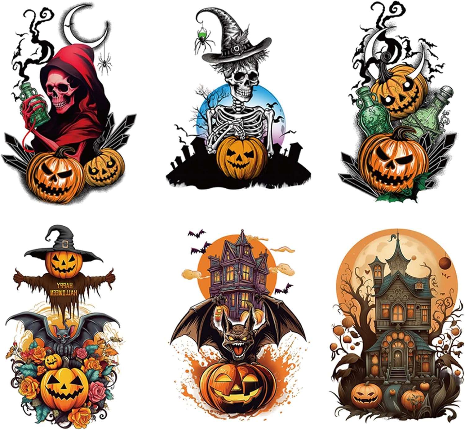 CARGEN Mangas de tatuajes temporales de Halloween, 6 hojas de Halloween, medio brazo largo, calavera, calabaza, mangas de tatuaje temporal para