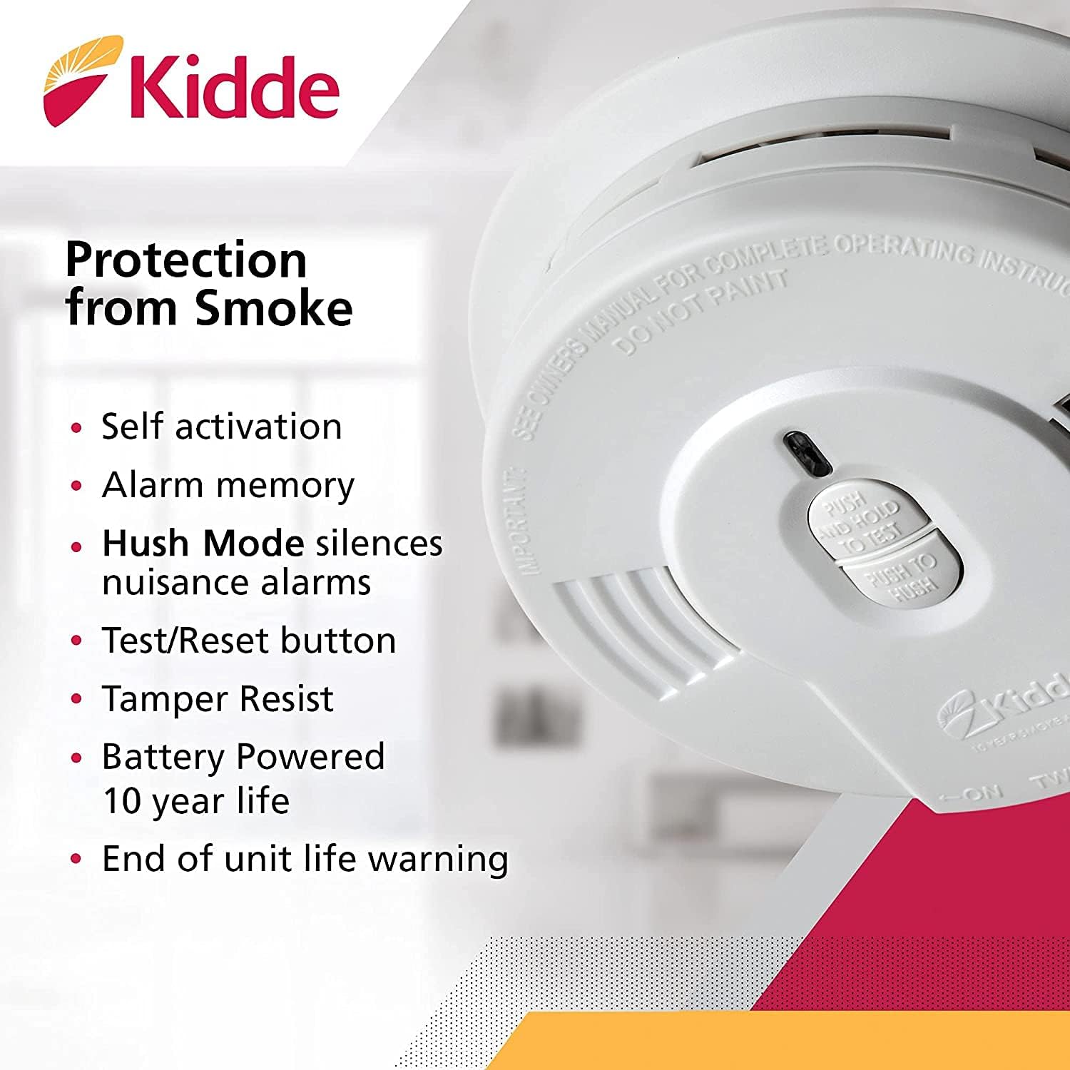 Kidde Detector de humo, batería de 10 años, indicadores LED, alerta de reemplazo, botón de reinicio de prueba y detector de humo y monóxido de