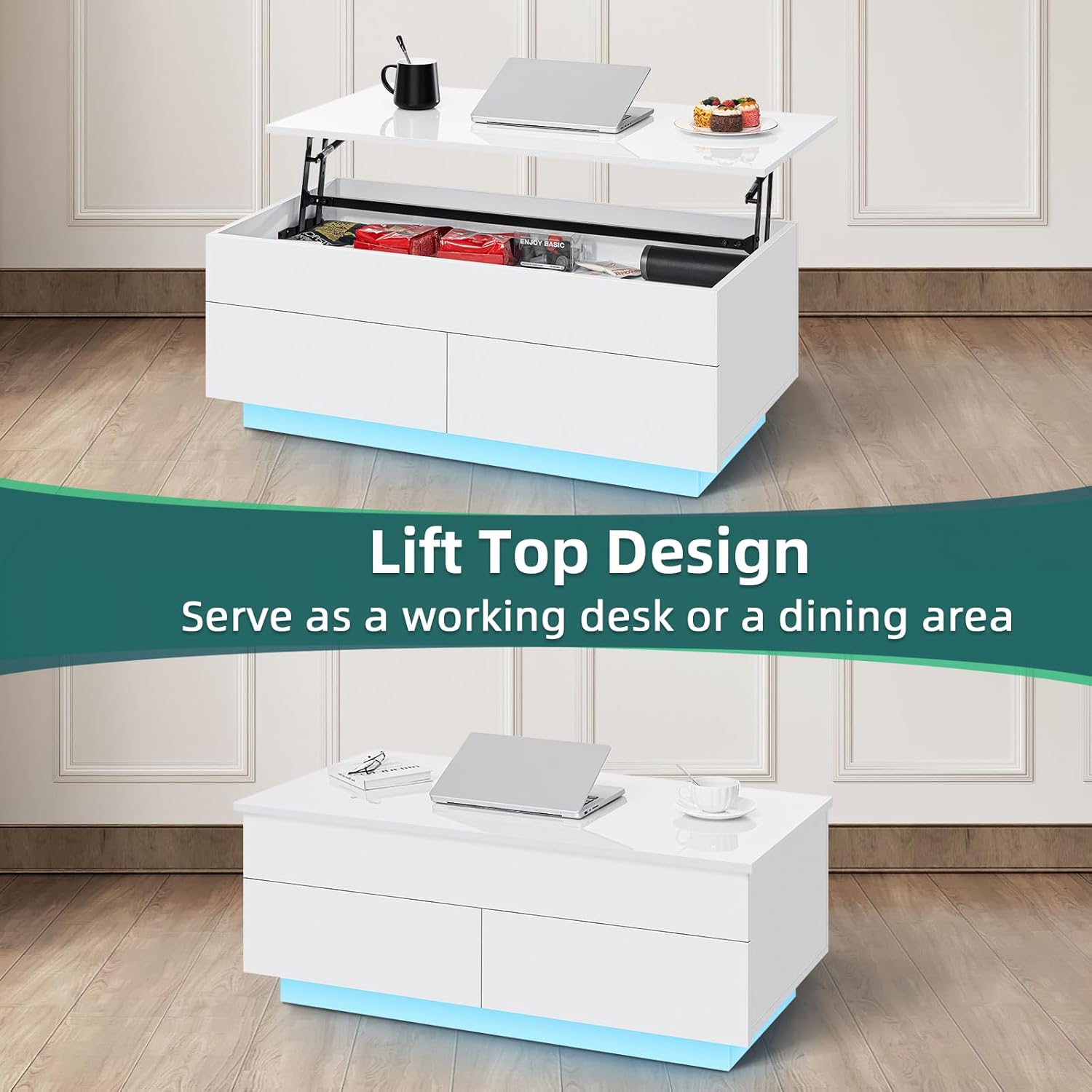 HOMMPA Morden – Mesa de centro elevable con almacenamiento oculto, mesa de centro LED de alto brillo, mesa de té de 3 niveles con mesas centrales de