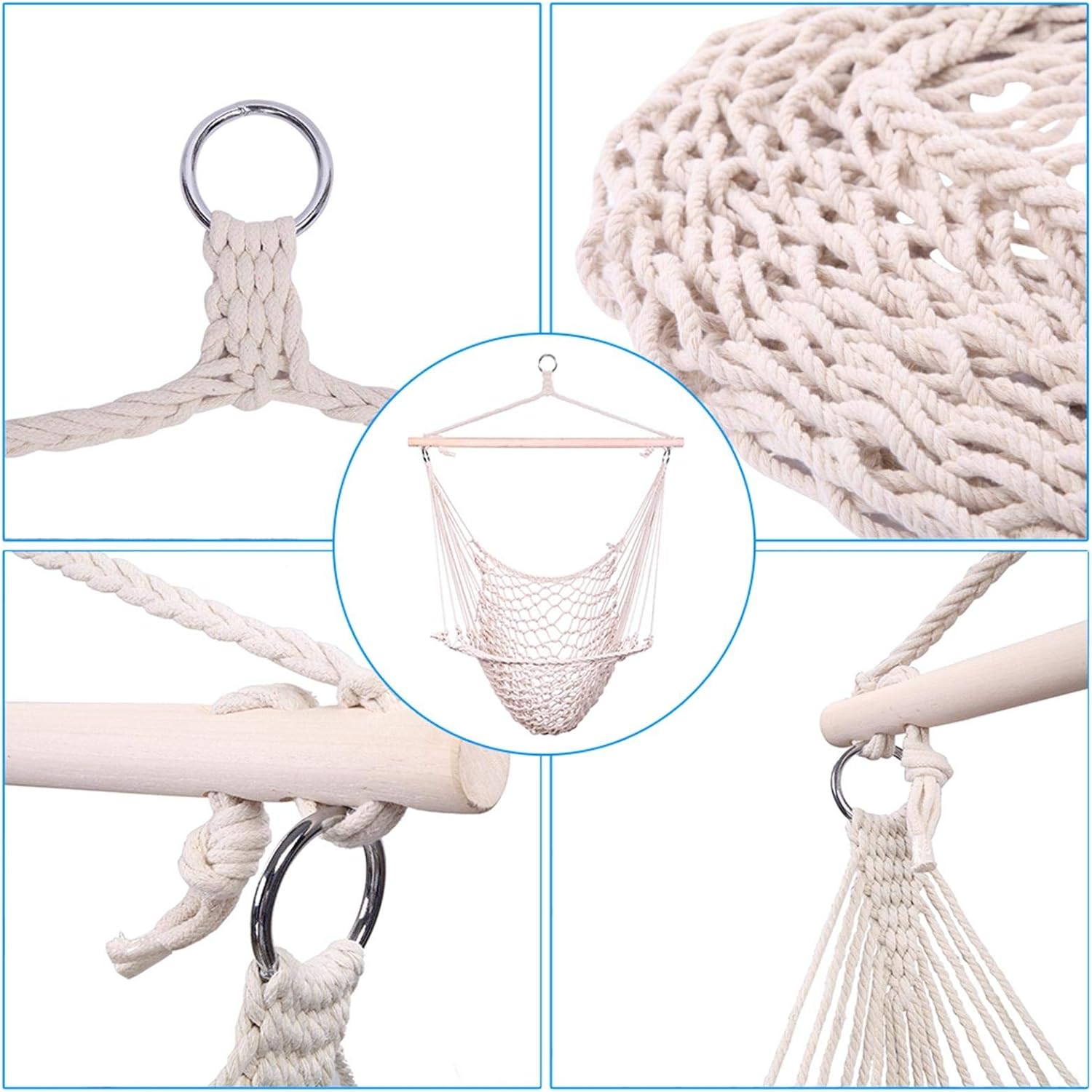 Silla colgante de cuerda para airecielo, color beige, hamaca colgante de macramé, silla columpio de cuerda de malla tejida hecha a mano para