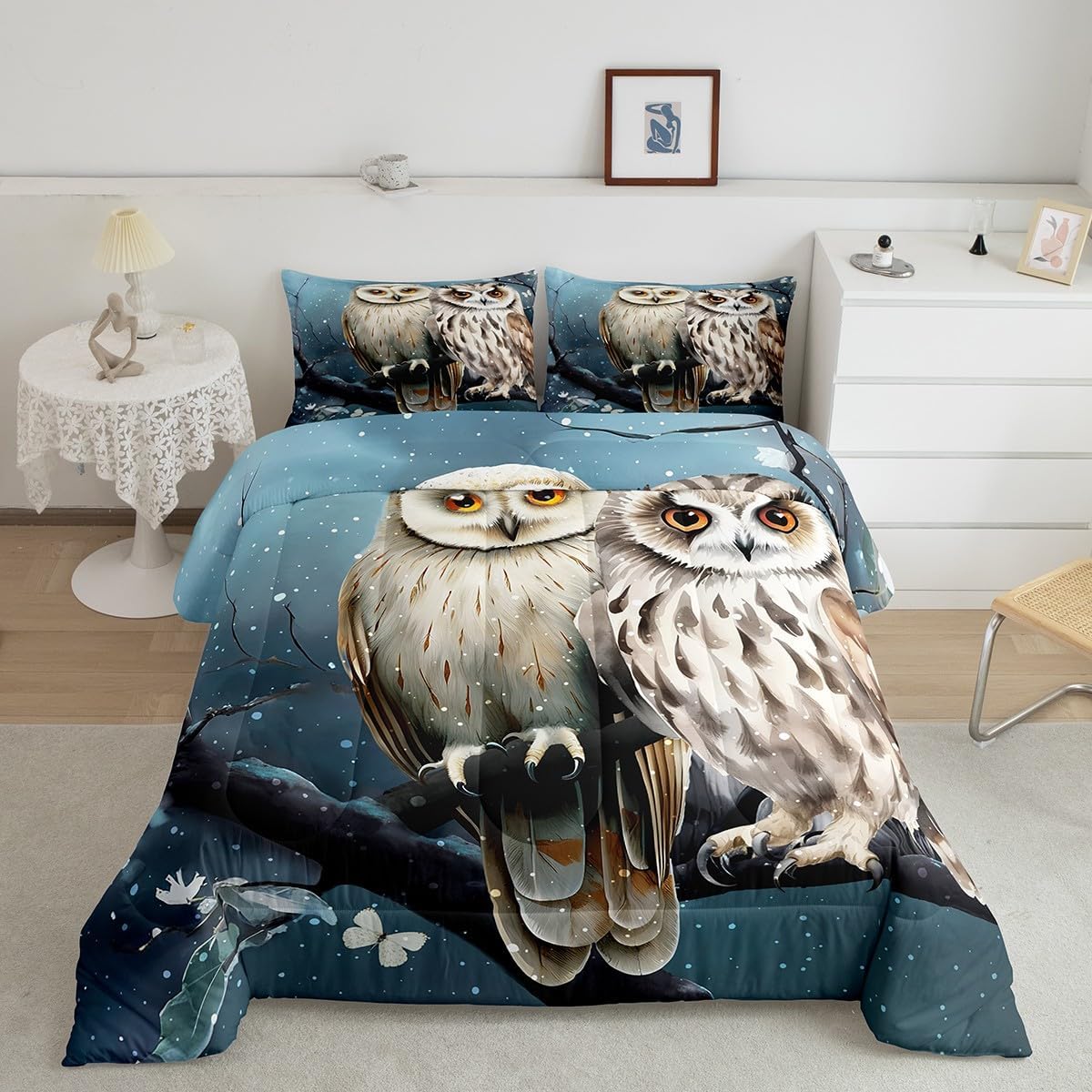Feelyou Juego de ropa de cama con diseño de búho para niñas y niños con estampado de animales en 3D, juego de edredón decorativo con diseño de búhos