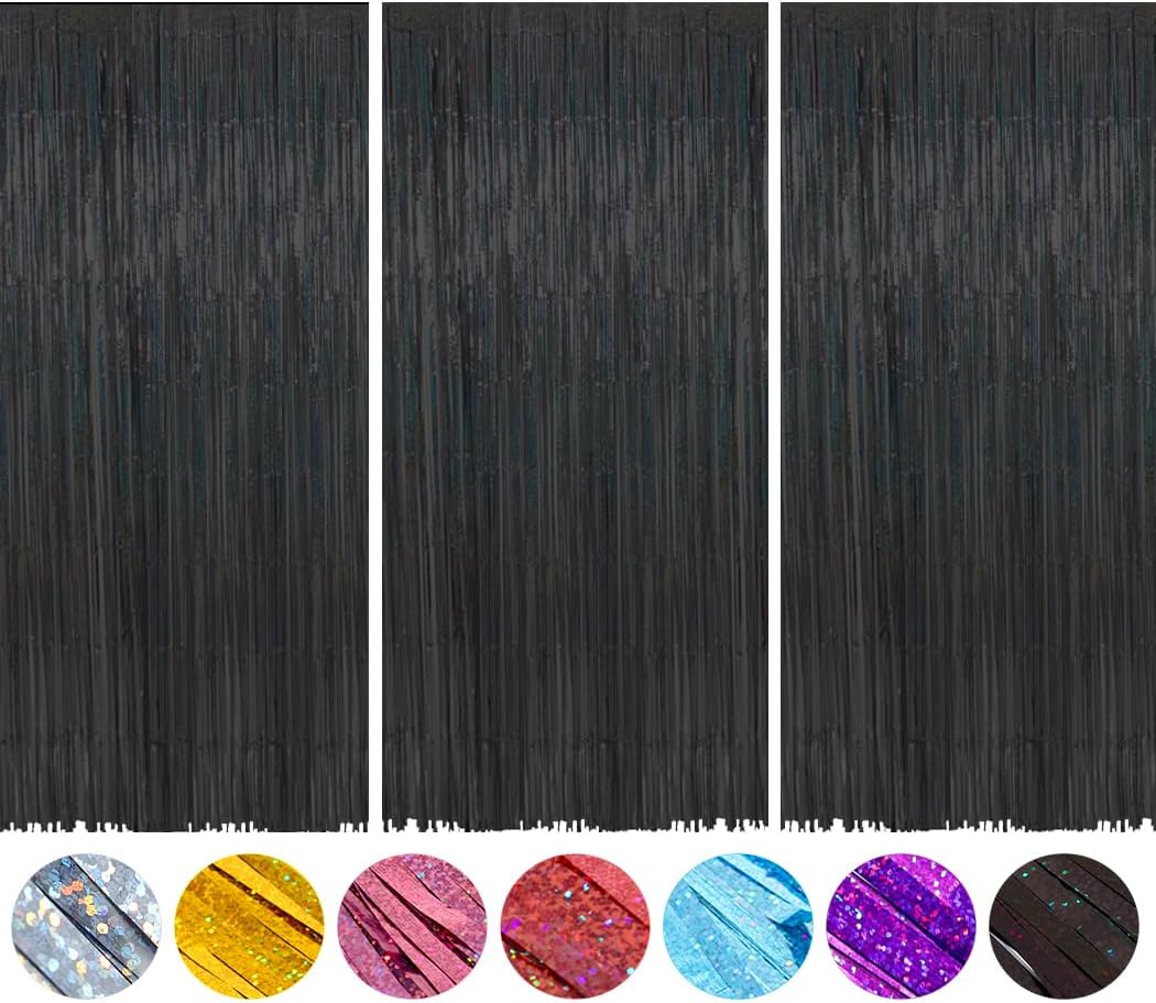 Abien Cortinas metálicas de flecos de papel de oropel negro, telón de fondo brillante, decoraciones de belleza para cumpleaños, despedida de