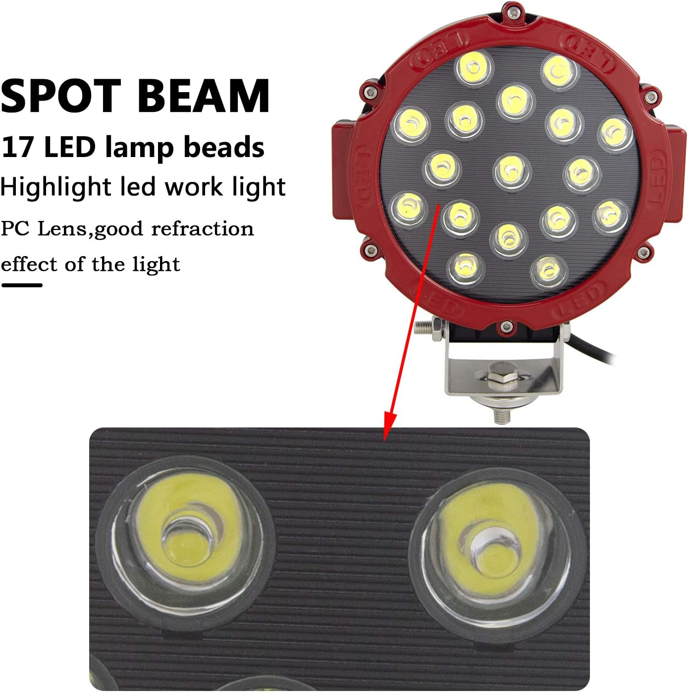 Willpower 2 barras de luz LED de haz de punto rojo de 7 pulgadas, 51 W, para Jeep, camión, automóvil, ATV, SUV, 4X4, lámpara de conducción de