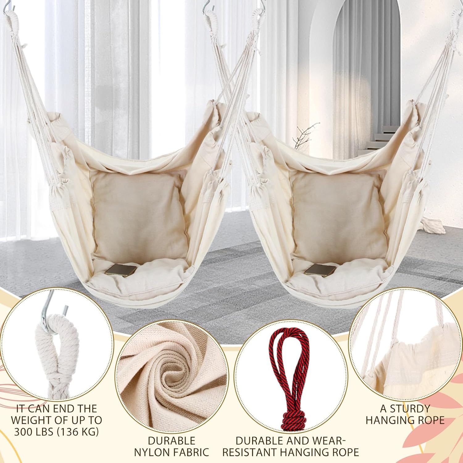 2 piezas hamaca colgante cuerda columpio grande silla colgante máximo 300 libras silla columpio hamaca cojín de asiento incluido para interiores y
