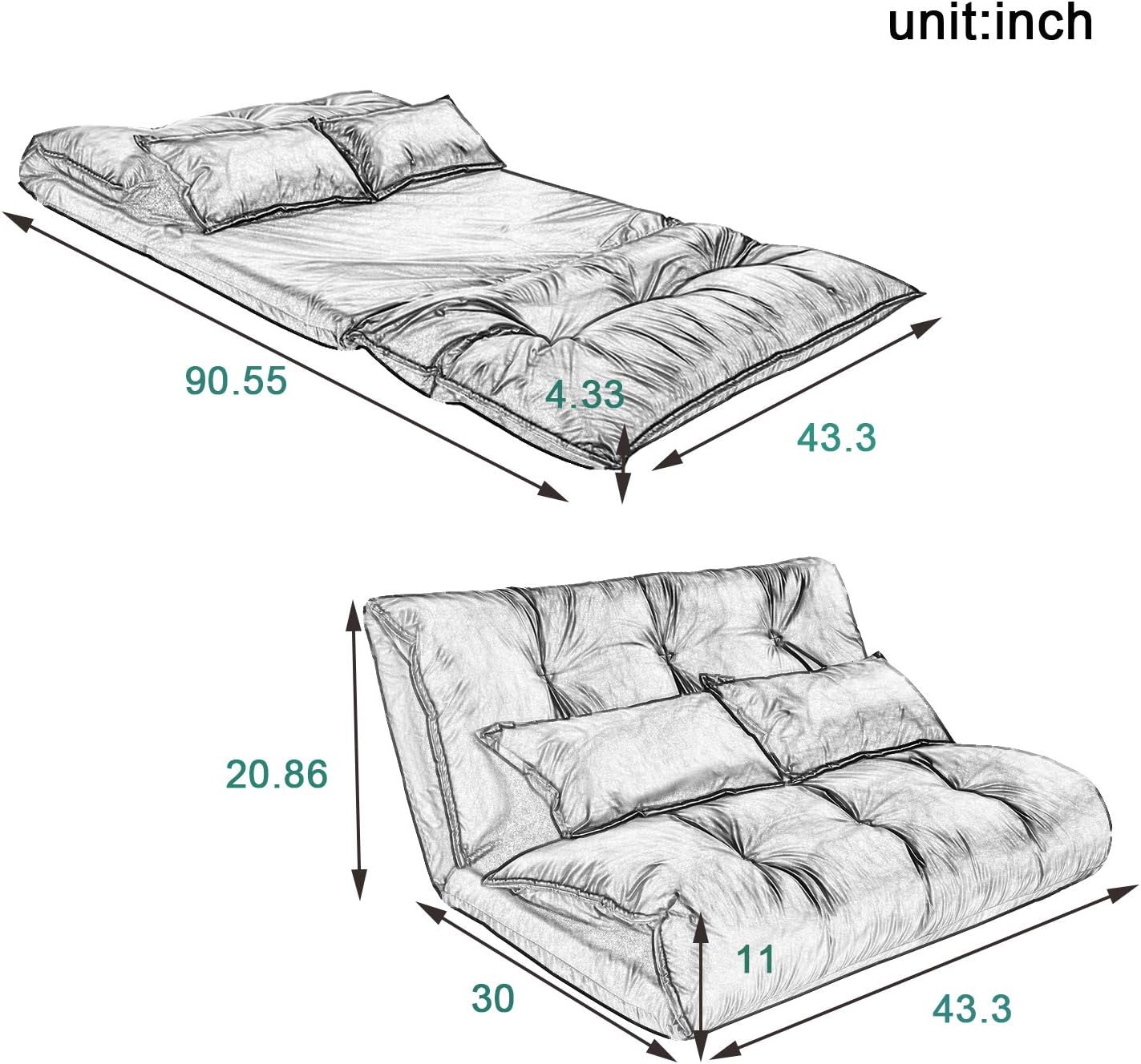 Sofá de suelo, sofá de suelo con 2 almohadas, sofá biplaza reclinable de piel sintética, sofá plegable perezoso, 5 posiciones, sofá de videojuegos