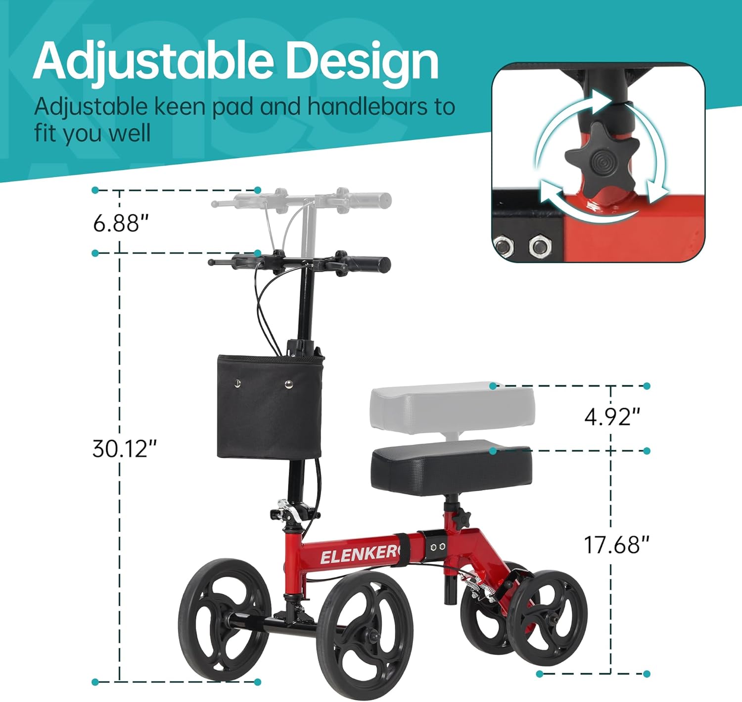 ELENKER Patinete médico de lujo orientable para lesiones en el pie, muletas compactas, alternativa, color rojo brillante