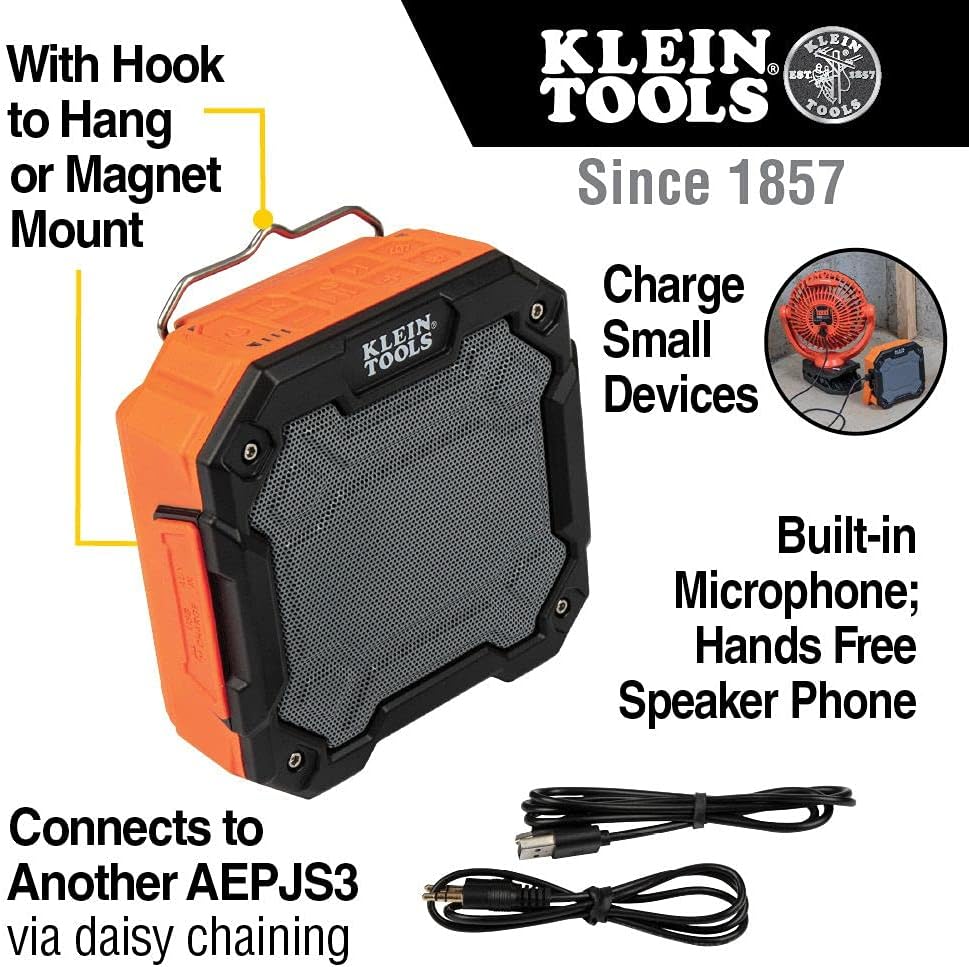 Klein Tools AEPJS3 – Altavoz Bluetooth para sitio de trabajo y regleta magnética 29601 con protector de sobretensión, cable de extensión, 4 tomas, 3