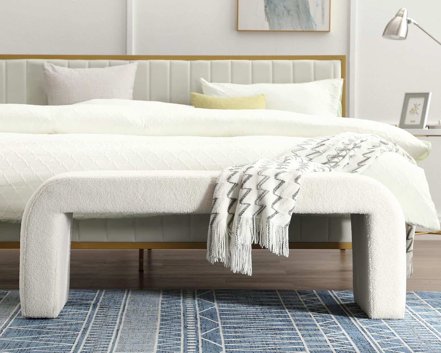 Moderno banco otomano tapizado en cascada para dormitorio, pie de cama, 50 pulgadas, banco de entrada, banco de entrada, asiento de banco para