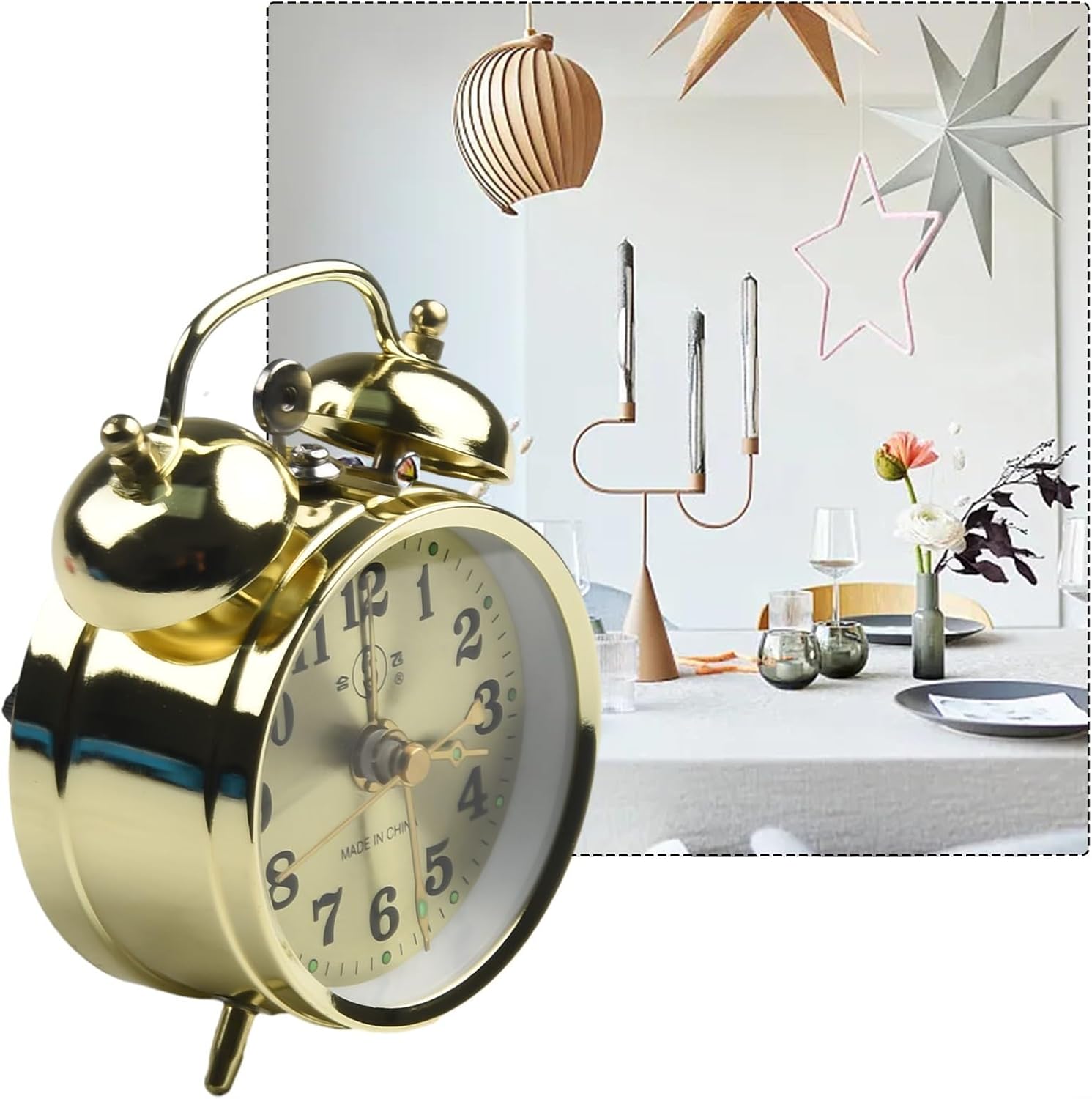 Reloj despertador de doble campana de 2.8 in para durmientes pesados, reloj despertador mecánico dorado de herradura, cuerda manual, reloj de metal