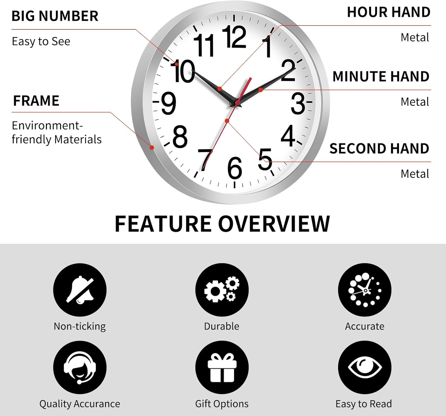 Reloj de pared de 12 pulgadas, moderno reloj de pared a pilas, reloj analógico silencioso sin tictac para dormitorio, cocina, baño, oficina, hogar,