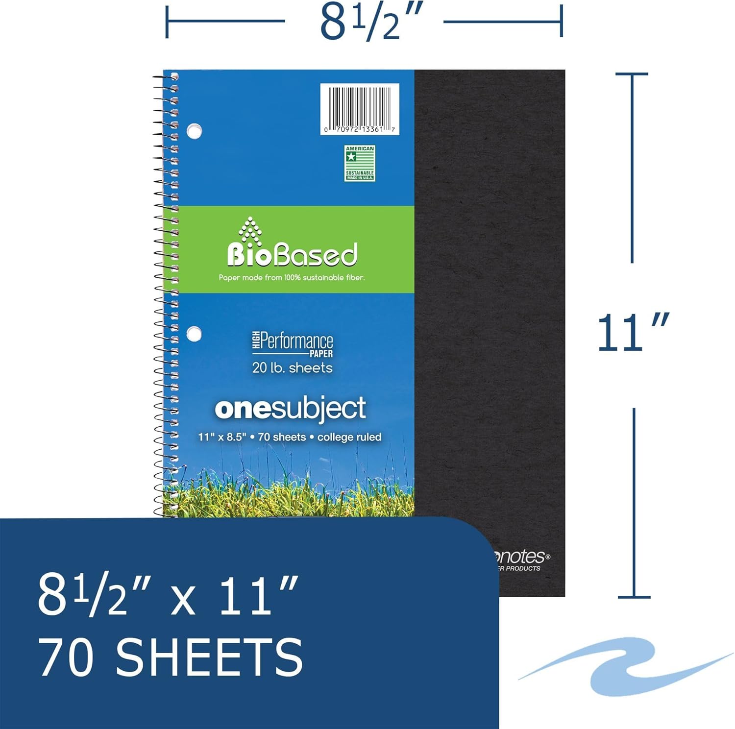 ROARING SPRING Paquete de 4 cuadernos de ambientes de una materia, papel biobase Earthtones, 11 x 8.5 pulgadas, rayas universitarias con margen,