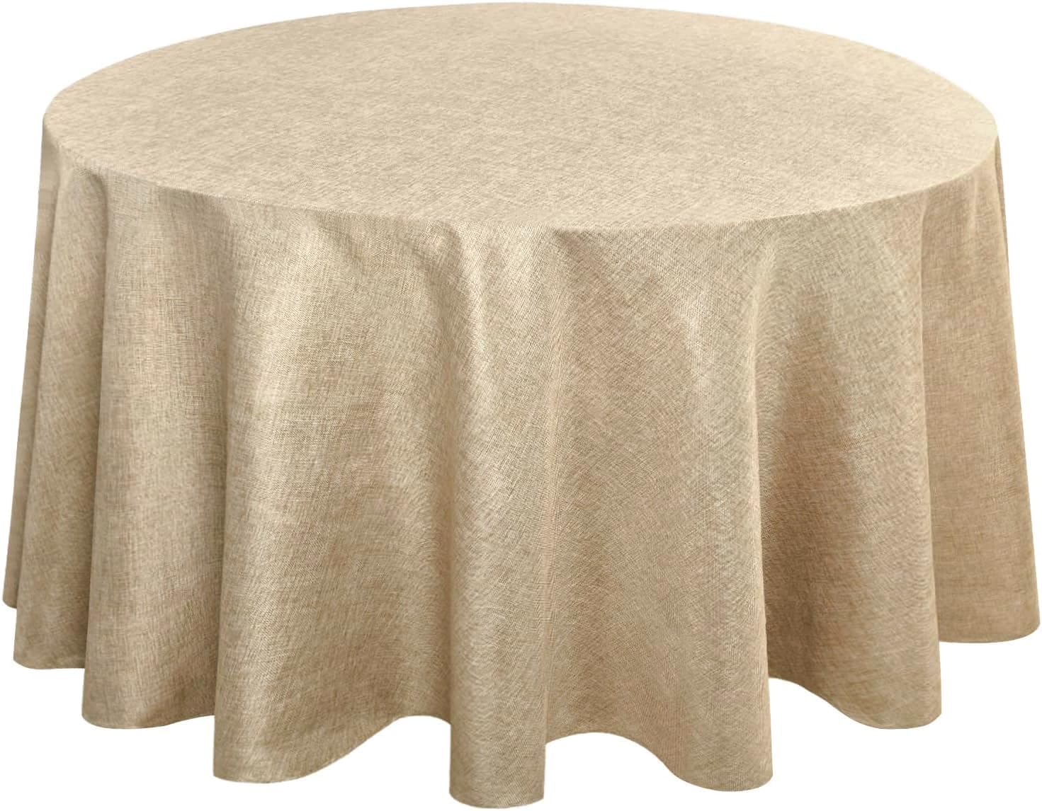 Hiasan – Mantel redondo de lino – Mantel de tejido de poliéster resistente al agua, manchas y derrames para el comedor, cocina y fiestas – Beige –