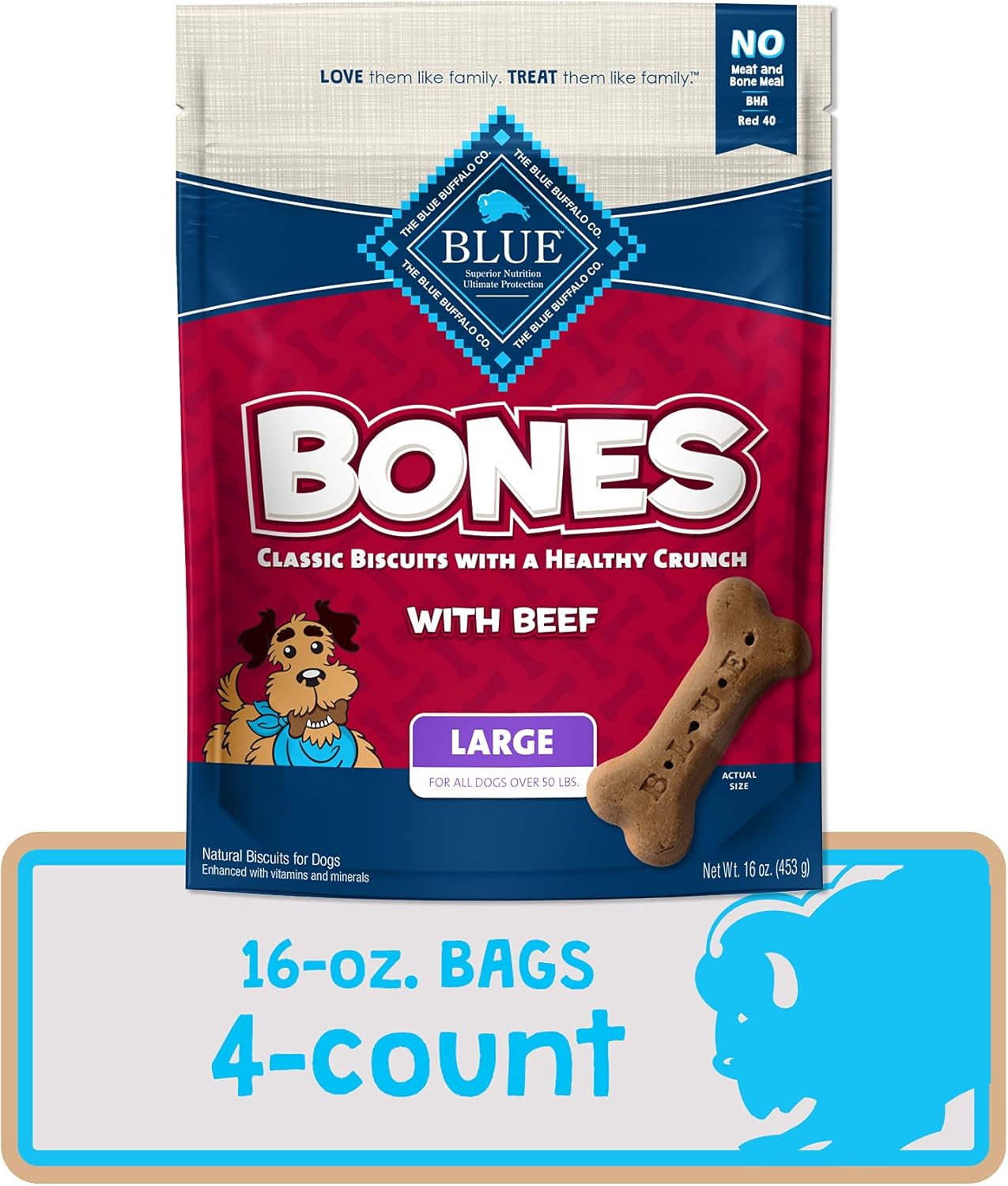 Blue Buffalo Bones – Golosinas naturales crujientes para perros, galletas grandes para perros, carne de res (bolsa de 16 onzas, 4 unidades)