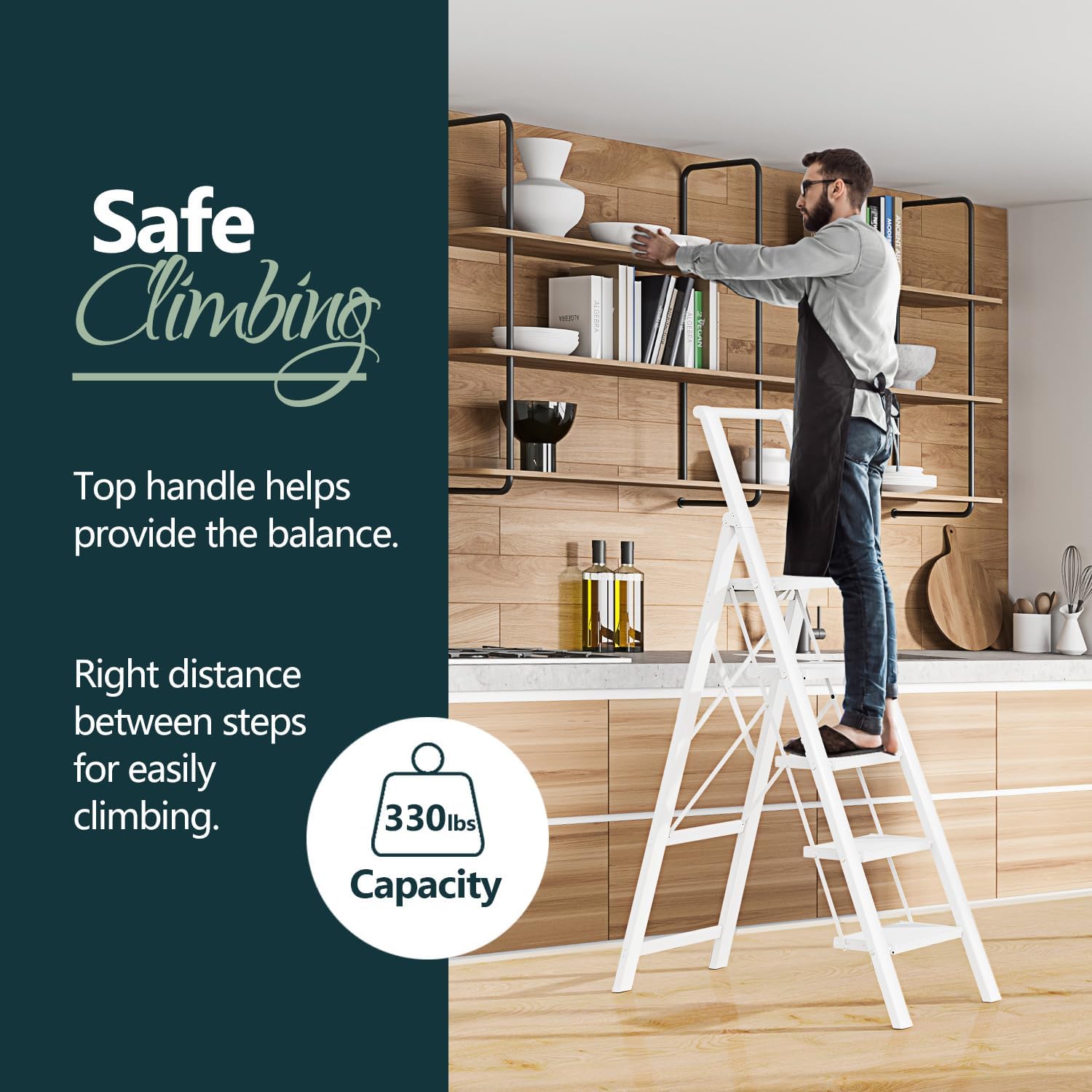 Escalera de 5 peldaños con peldaños anchos, escalera ligera portátil con asa, escalera plegable de aluminio con pies antideslizantes, fácil de