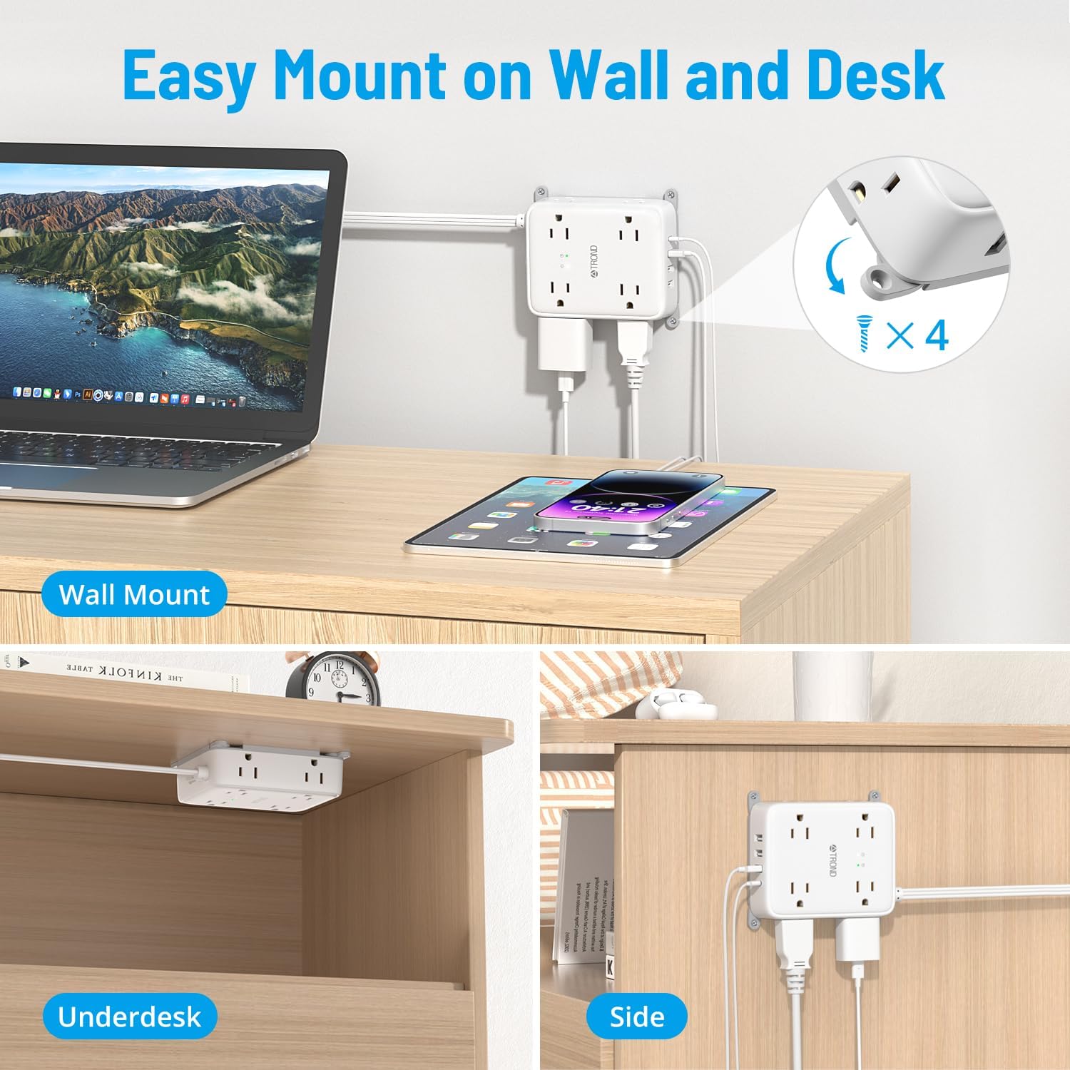 TROND Regleta protectora de sobretensiones con USB, enchufe plano ultrafino, cable de extensión de 5 pies de 1625 W, 3 USB A y 1 USB C, 8 salidas AC