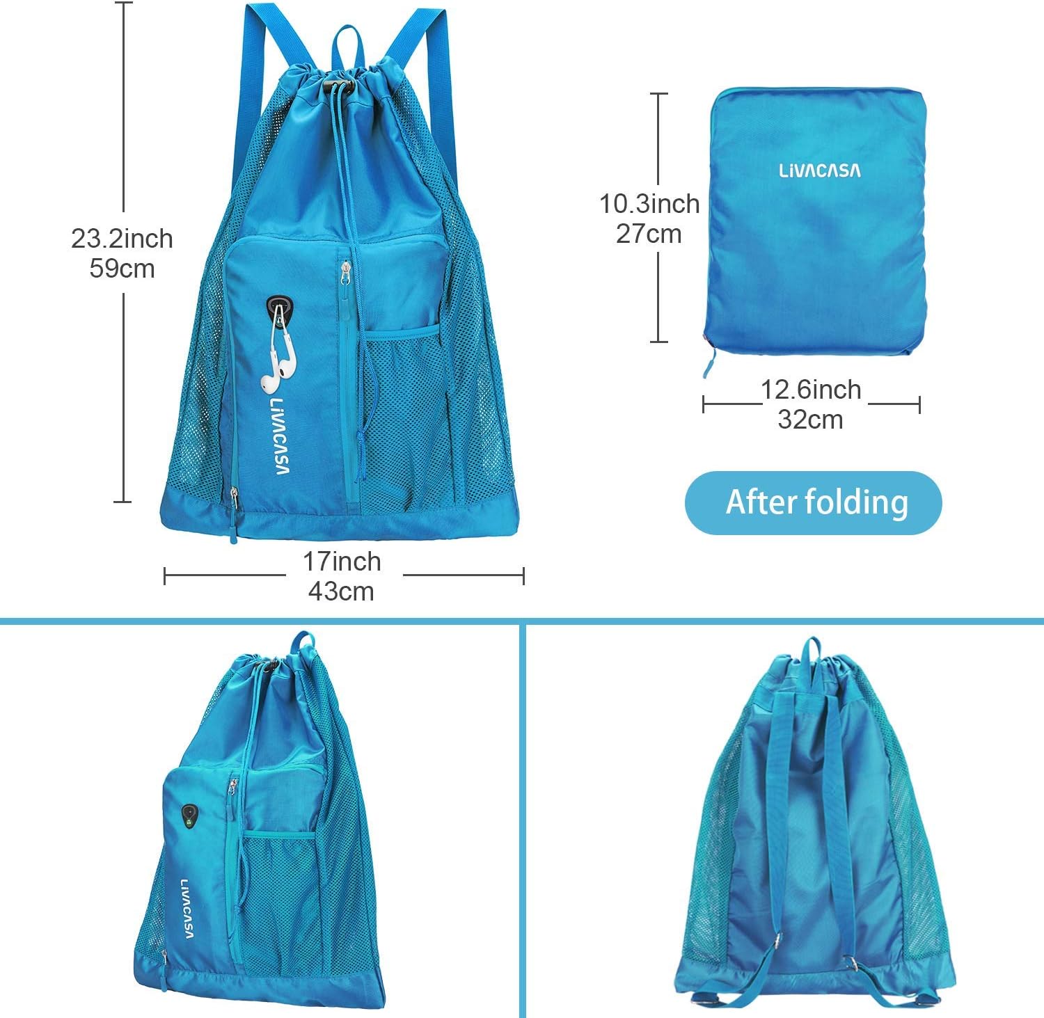 LIVACASA Mochila de malla con cordón de natación Mochila con bolsillo de malla de secado rápido Equipo de natación de malla Bolsa de playa Azul