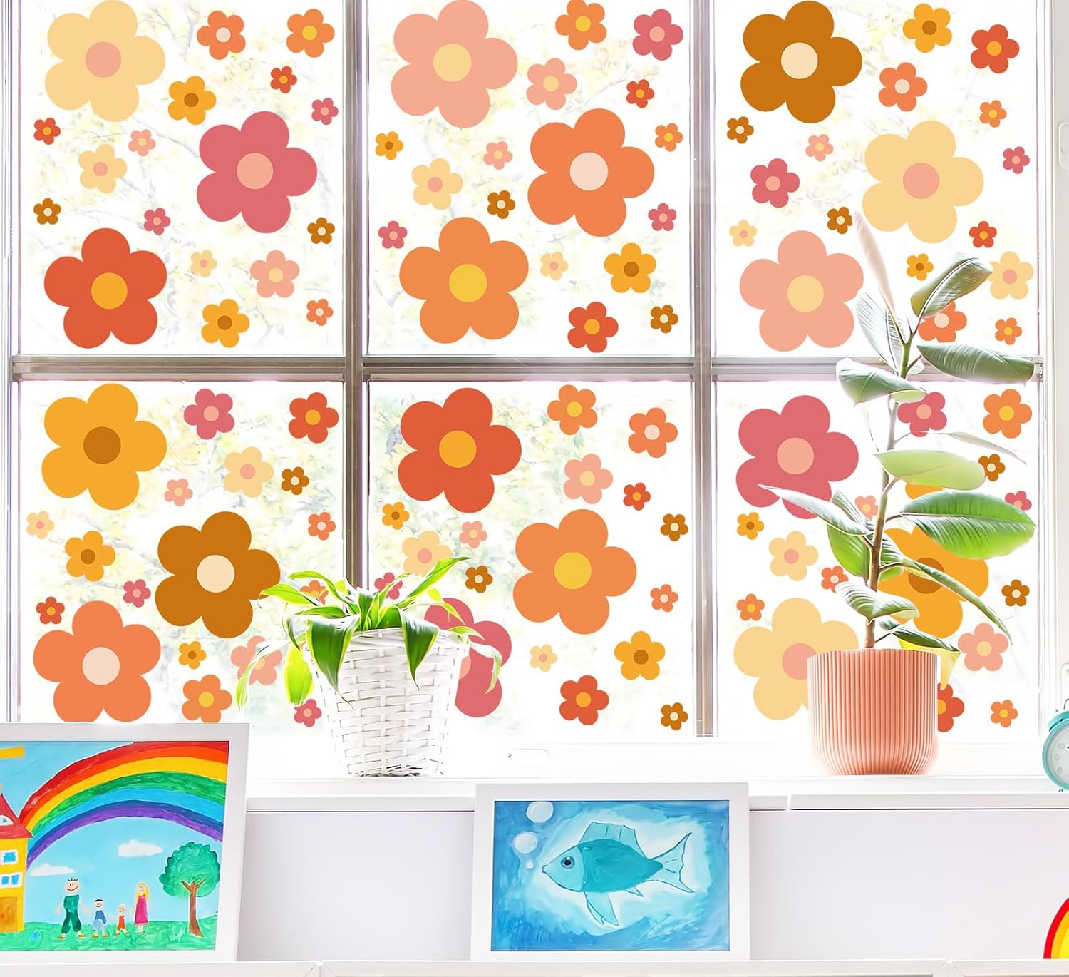 Whaline 9 hojas de calcomanías bohemias para ventana, diseño de flores hippie retro groovy, retro, para ventana, de doble cara, coloridas flores,