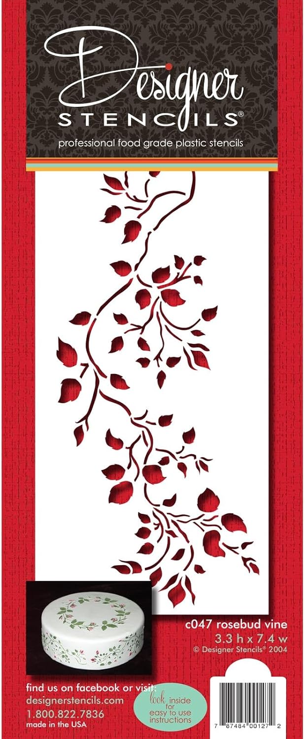 Designer Stencils C047Rosebud Vine para decorar tartas, color beigesemitransparente by Designer Stencils