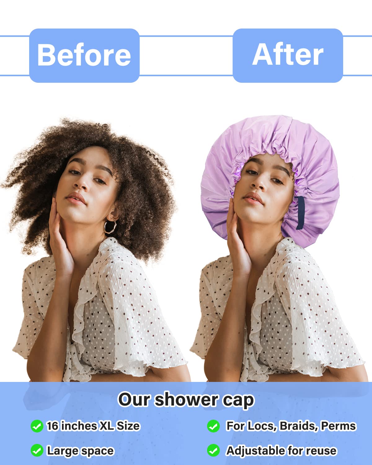 Aquior Gorro de ducha extra ajustable para mujer, de doble capa, impermeable, reutilizable, tamaño grande, para todo tipo de cabello, para niñas,