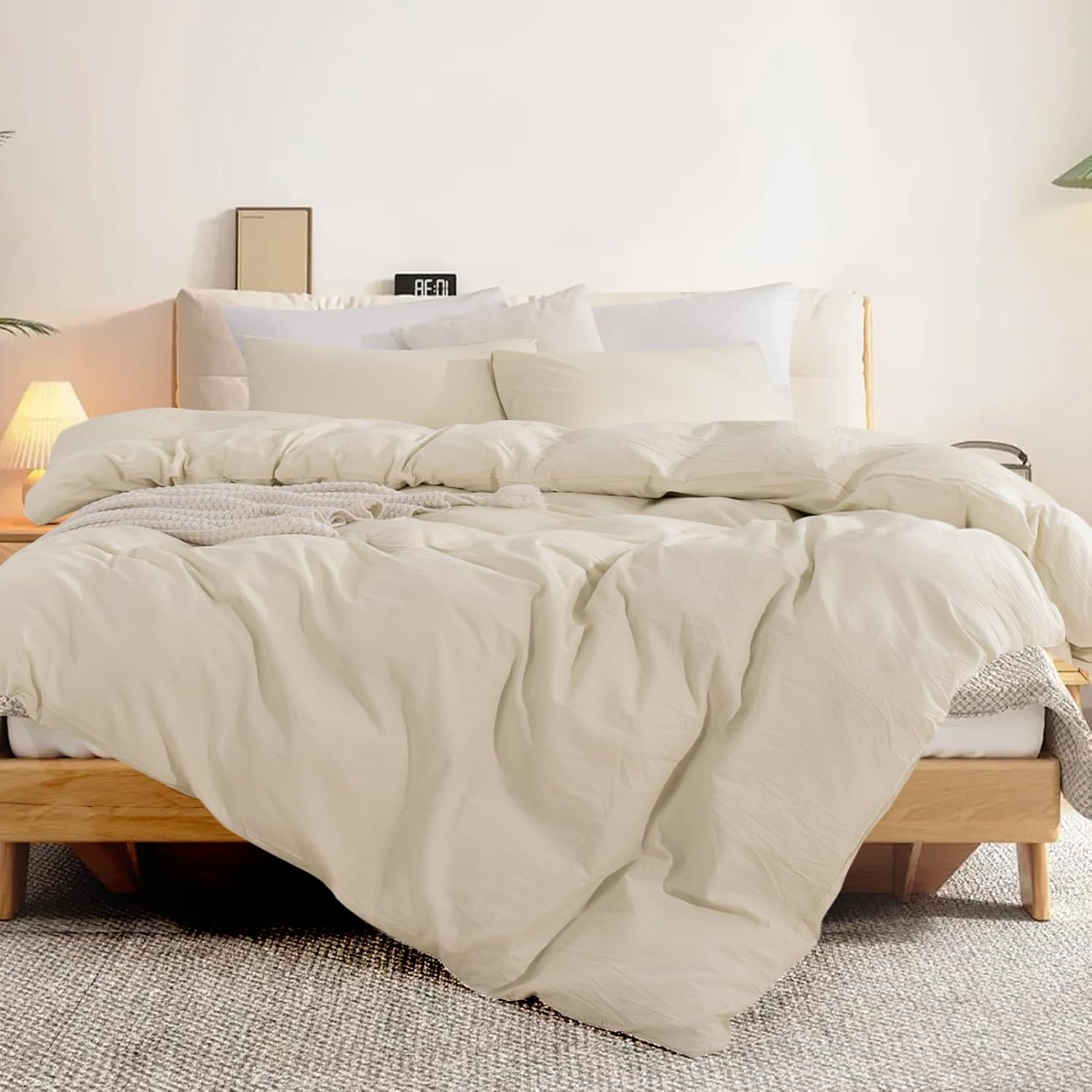 NEXHOME PRO Juego de funda de edredón 100% algodón lavado, tamaño matrimonial, textura de lino orgánico natural, juego de ropa de cama de 3 piezas
