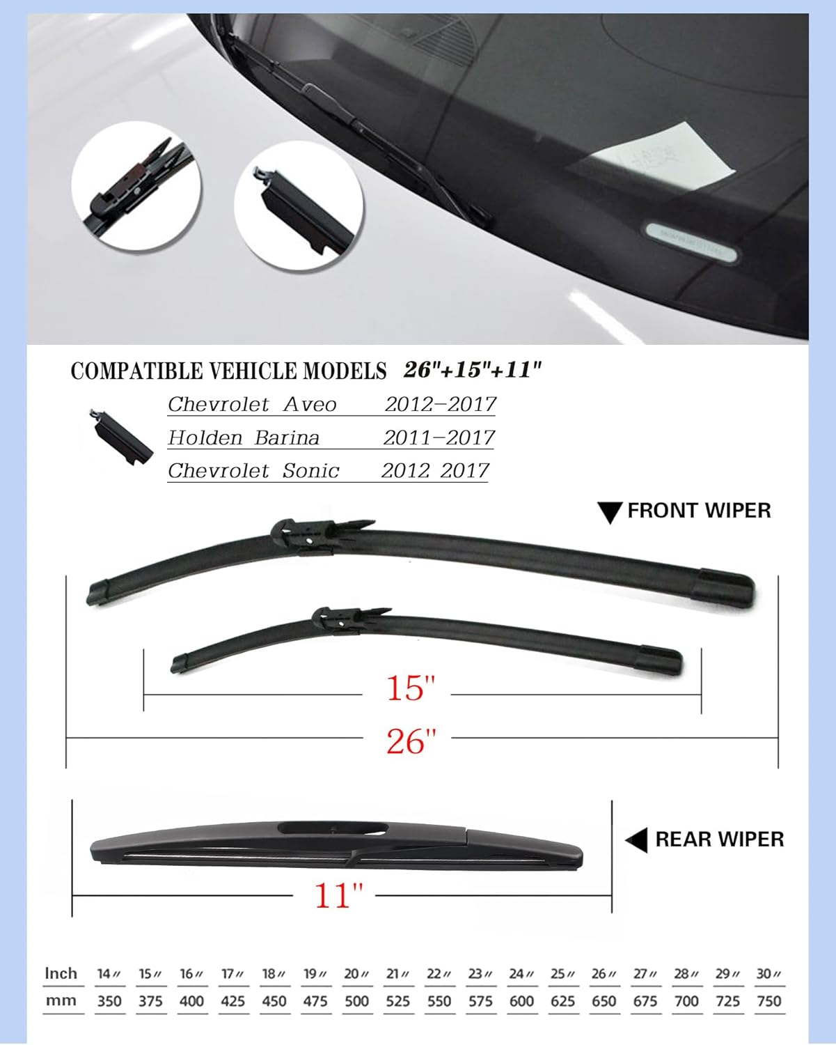Juego de 3 limpiaparabrisas de repuesto para Chevrolet Aveo 2012-2017Holden Barina 2011-2017Chevrolet Sonic 2012-2017, 26 + 15 + 11 pulgadas (juego