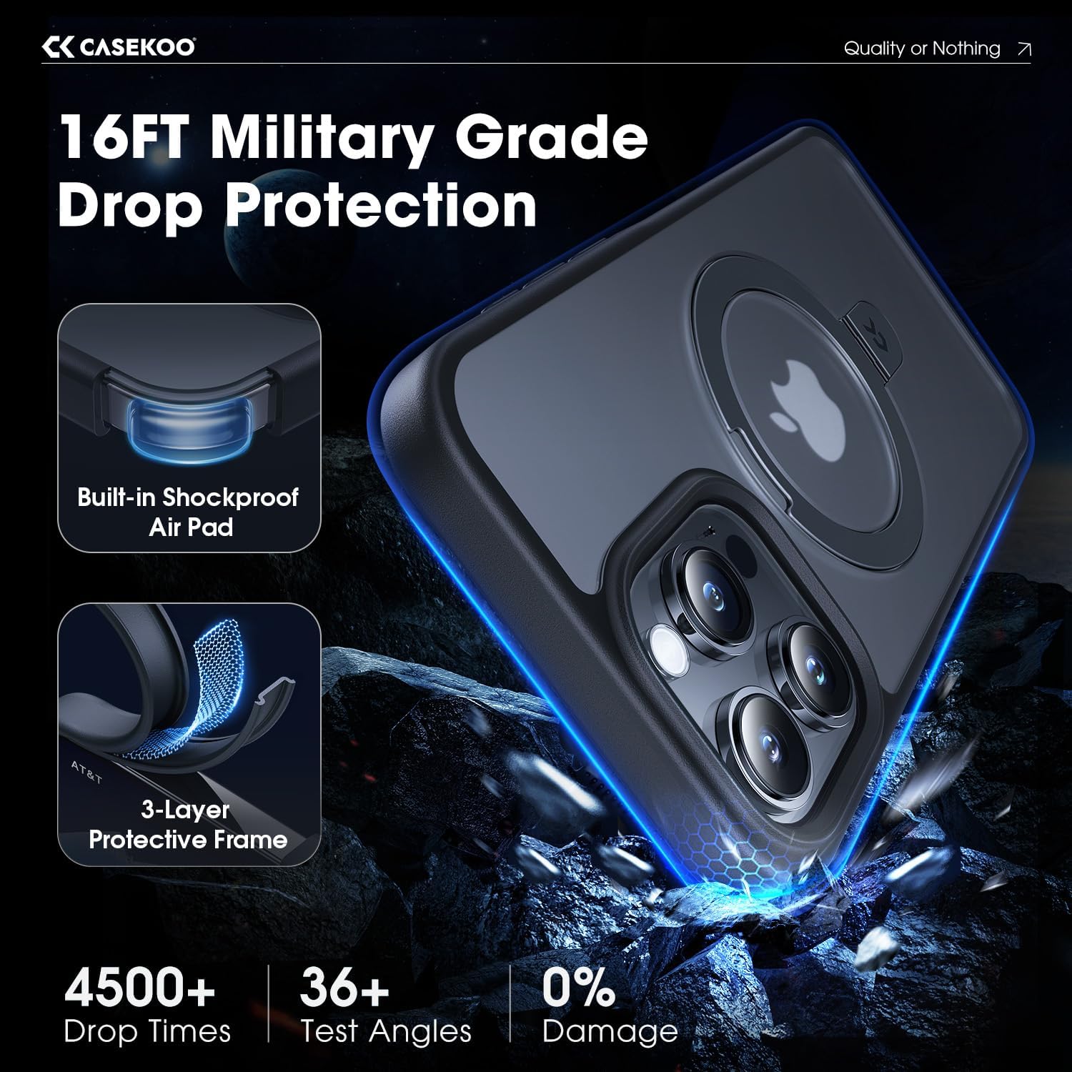 CASEKOO Funda con anillo magnético oficial original para iPhone 15 Pro protección militar contra caídas compatible con MagSafe a prueba de golpes,