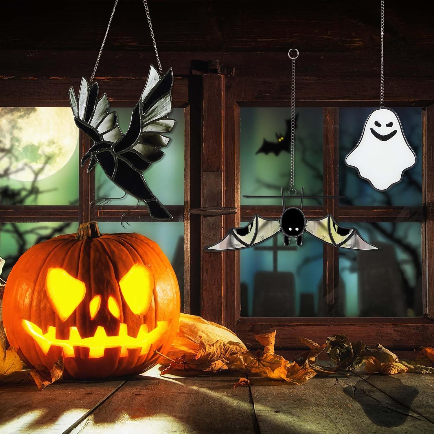 Soaoo 3 piezas de vidrieras de Halloween para colgar en la ventana de murciélagos, decoración de Halloween, decoración de cuervo colgante de