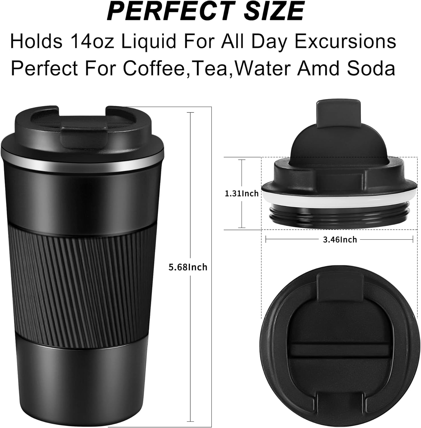 Taza de viaje para café, 14 onzas, doble pared aislada al vacío, taza de café aislada a prueba de fugas, para café y té de agua caliente y fría, en