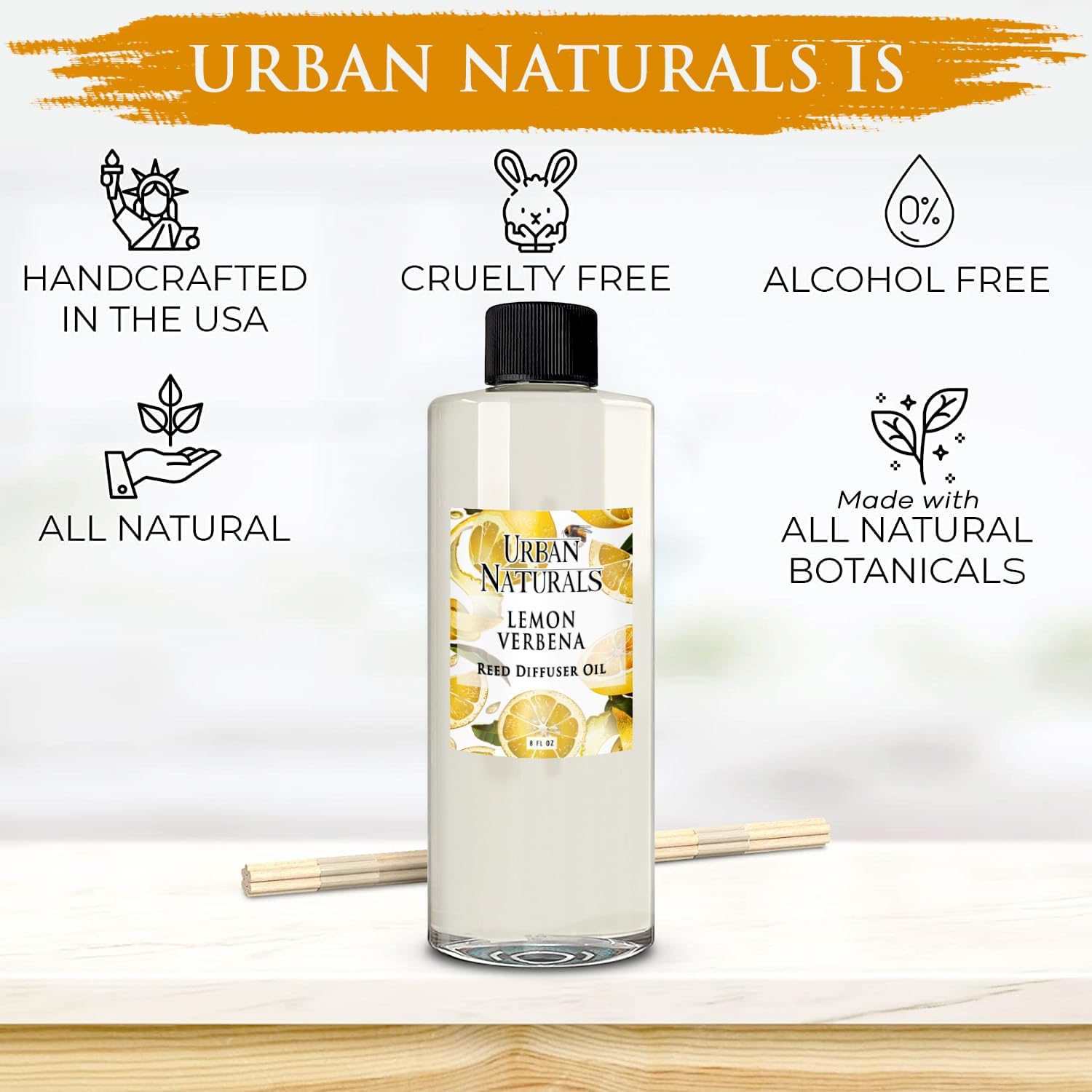 Urban Naturals Repuesto de difusor de varillas de aceite esencial de verbena de limón, tamaño grande de 8 onzas, incluye un juego gratis de varillas
