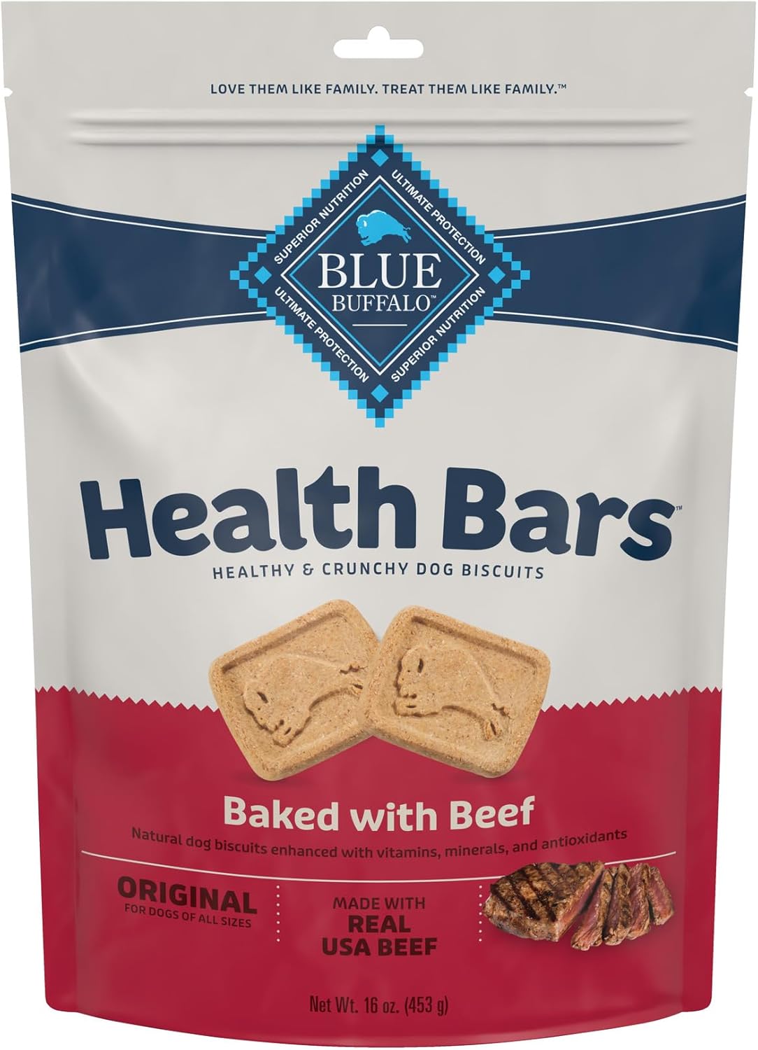 Blue Buffalo Health Bars – Galletas crujientes naturales para perros, carne de res, bolsa de 16 onzas
