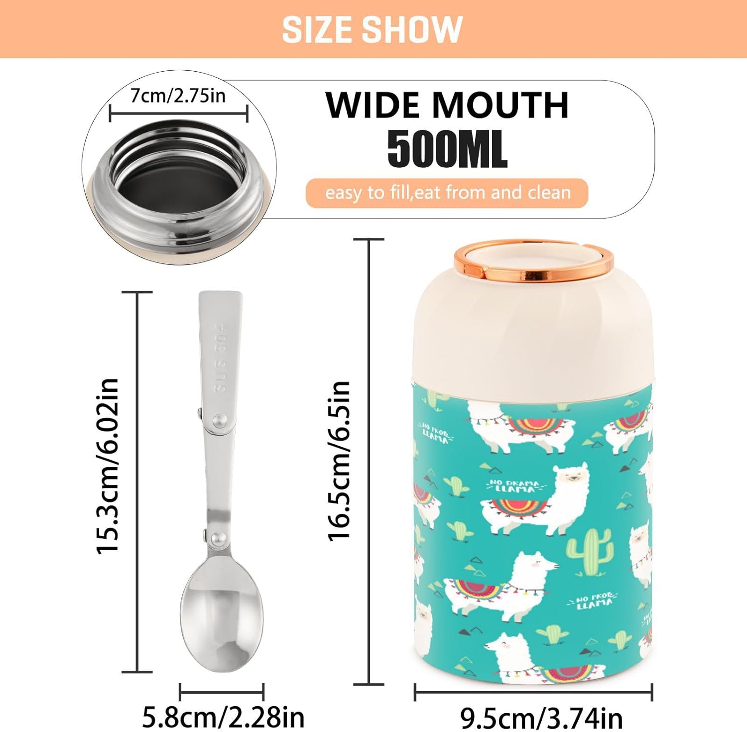 Llama – Tarro de alimentos aislado al vacío de acero inoxidable de 16 onzas, con cuchara plegable, boca ancha, termos de sopa a prueba de fugas para